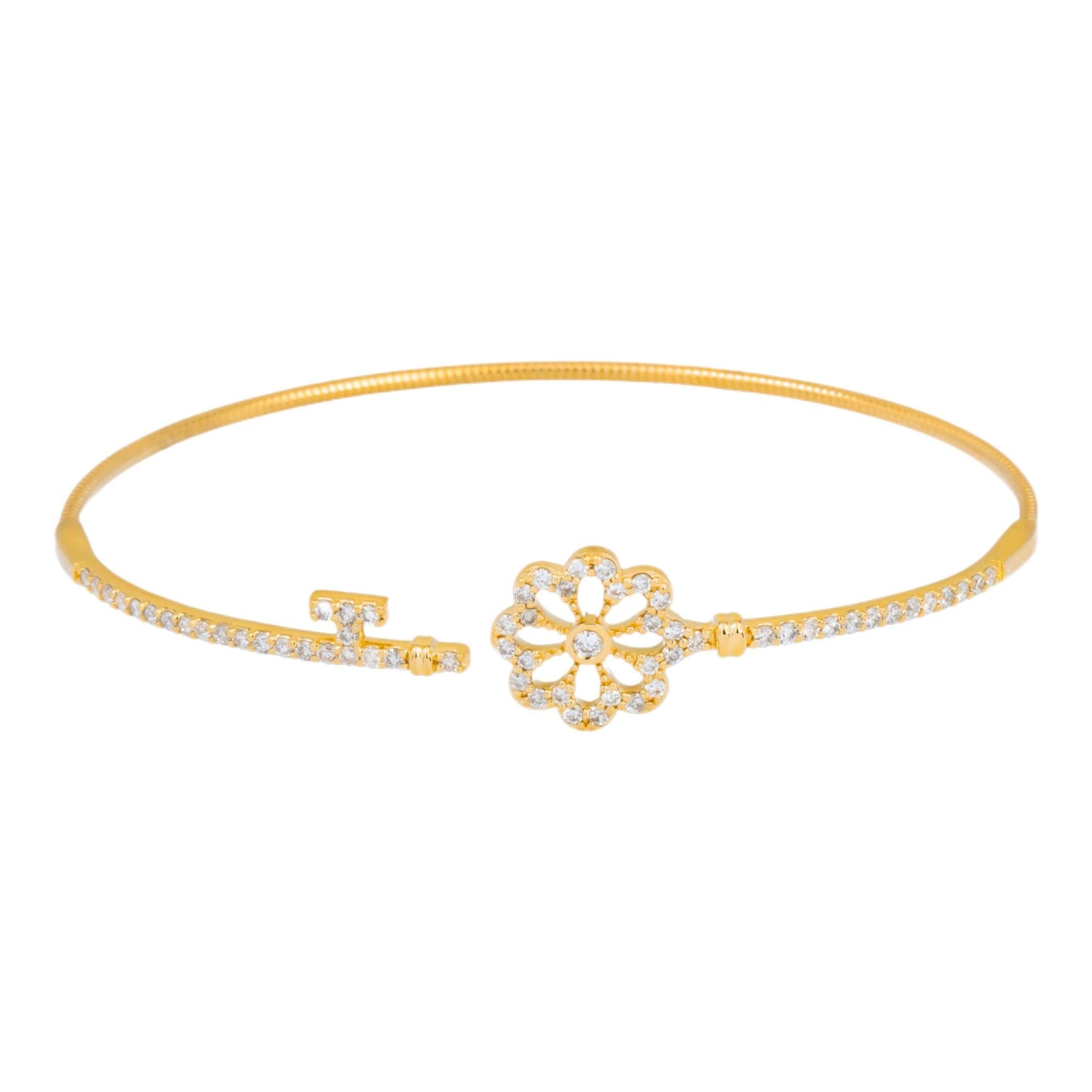 18K GOLD ROUND DIAMONDS OPEN FLOWER SHAPE THIN BANGLE BRACELET 0.65 CT