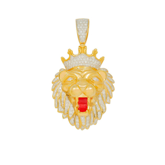 10K GOLD DIAMOND LION HEAD WITH RED TONGUE PENDANT 0.85 CT