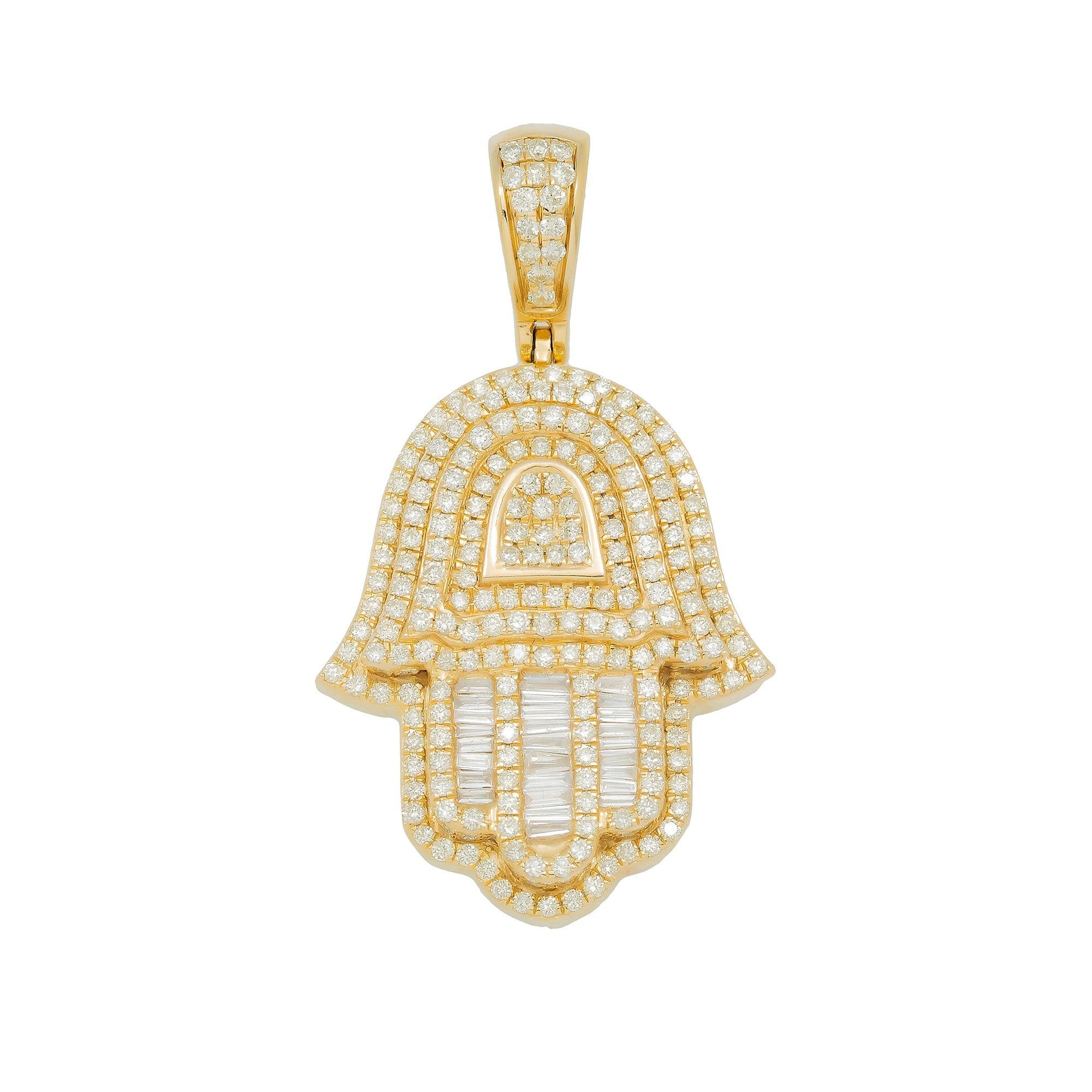 14K GOLD BAGUETTE DIAMOND HAMSA PENDANT 2.65 CT