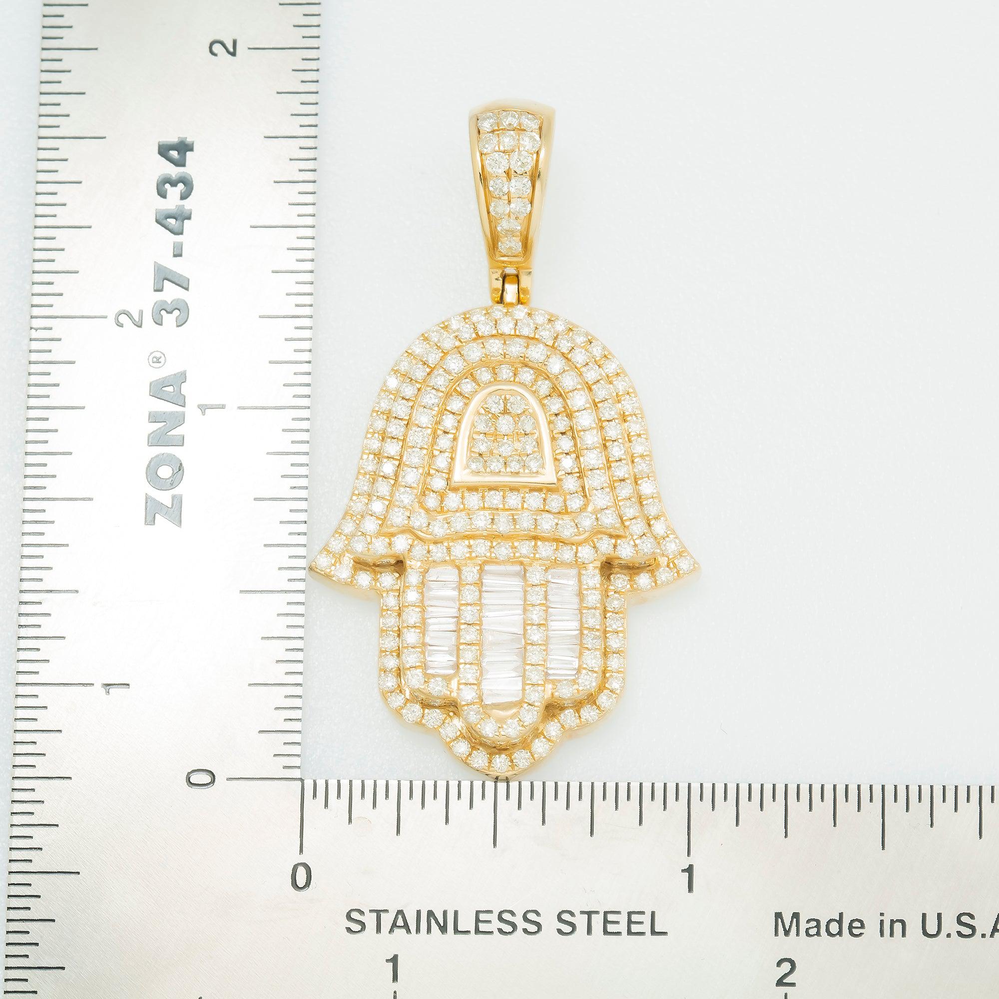 14K GOLD BAGUETTE DIAMOND HAMSA PENDANT 2.65 CT