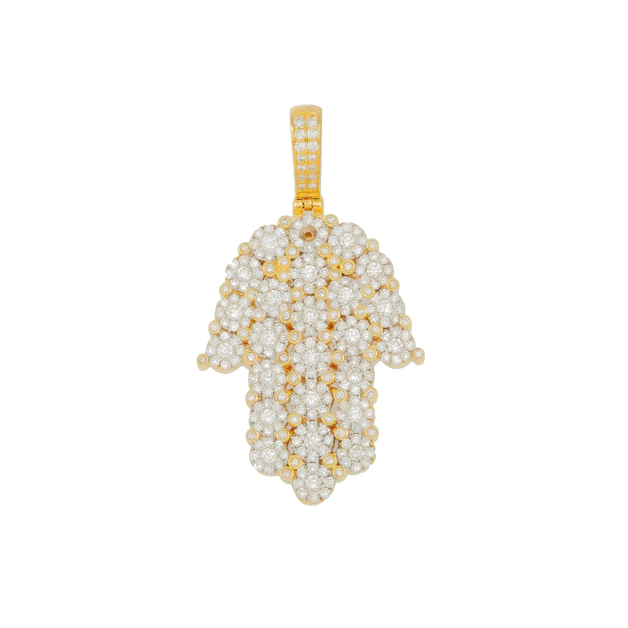 14K GOLD DIAMOND ROUND CLUSTER HAMSA PENDANT 2.10 CT