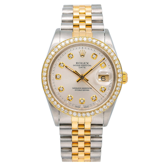 Rolex Oyster Perpetual Date 15203 34MM Silver Diamond Dial With Two Tone Jubilee Bracelet