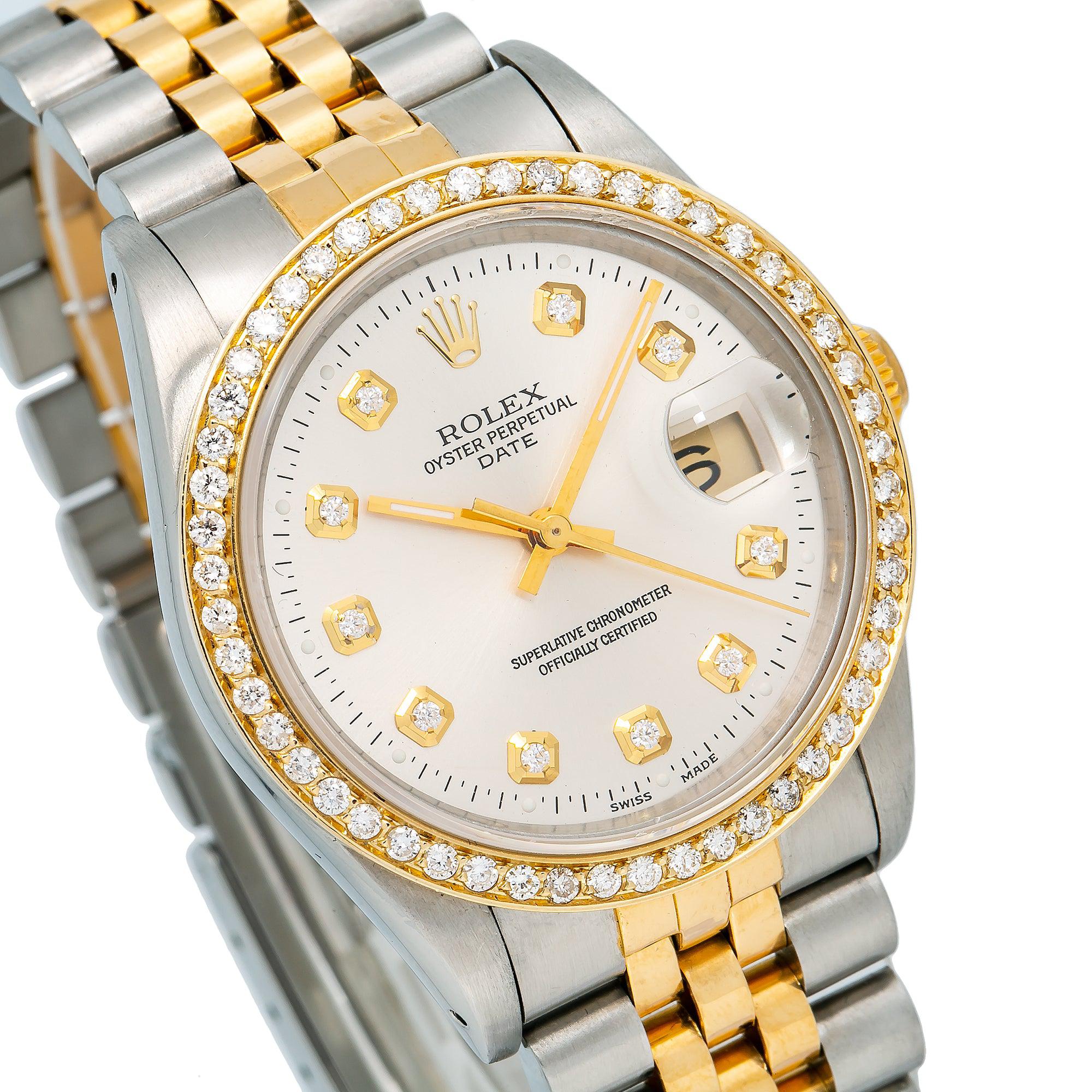 Rolex Oyster Perpetual Date 15203 34MM Silver Diamond Dial With Two Tone Jubilee Bracelet