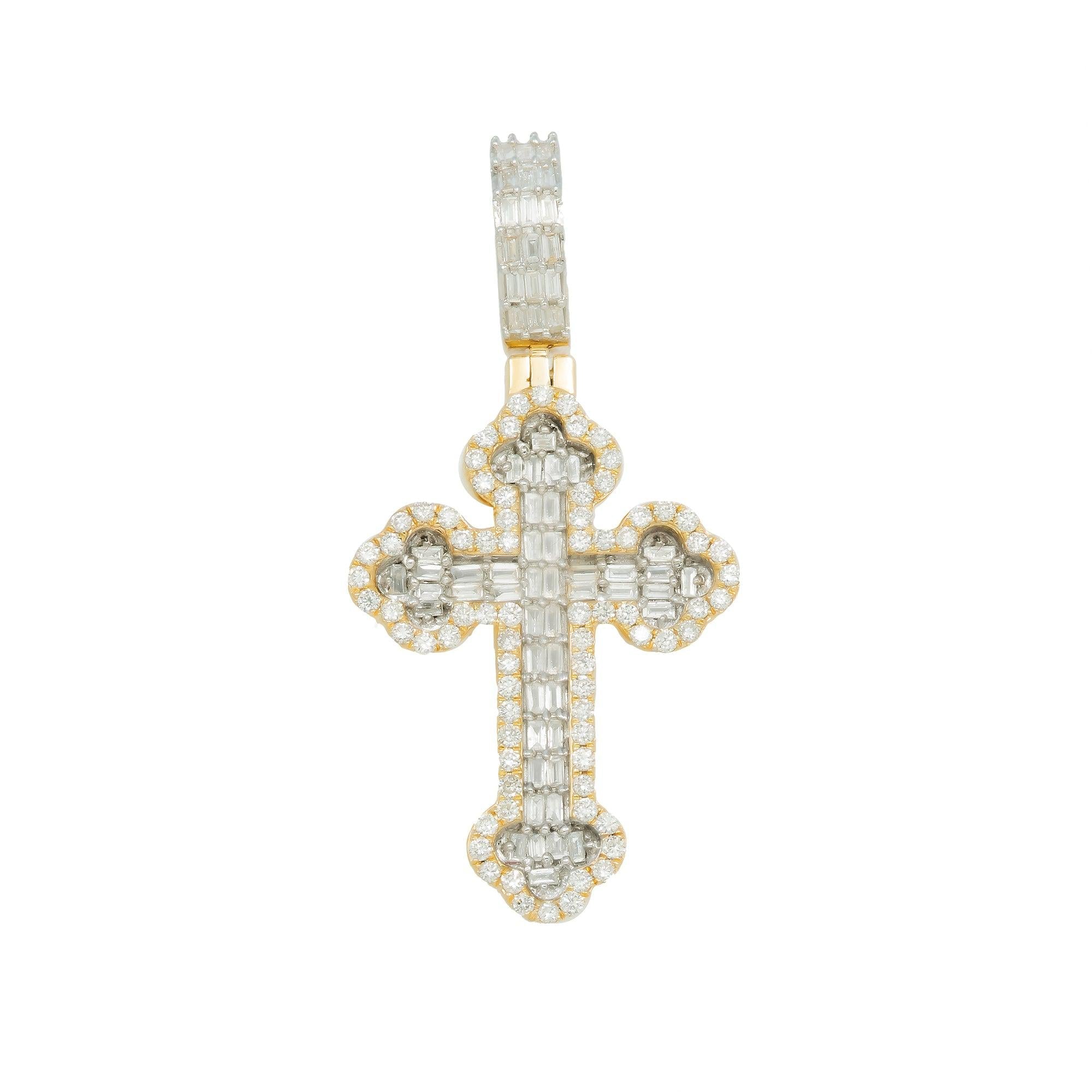 14K GOLD BAGUETTE DIAMOND INVERTED FLEUR DE LIS CROSS PENDANT 1.25 CT
