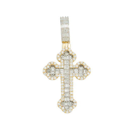 14K GOLD BAGUETTE DIAMOND INVERTED FLEUR DE LIS CROSS PENDANT 1.25 CT