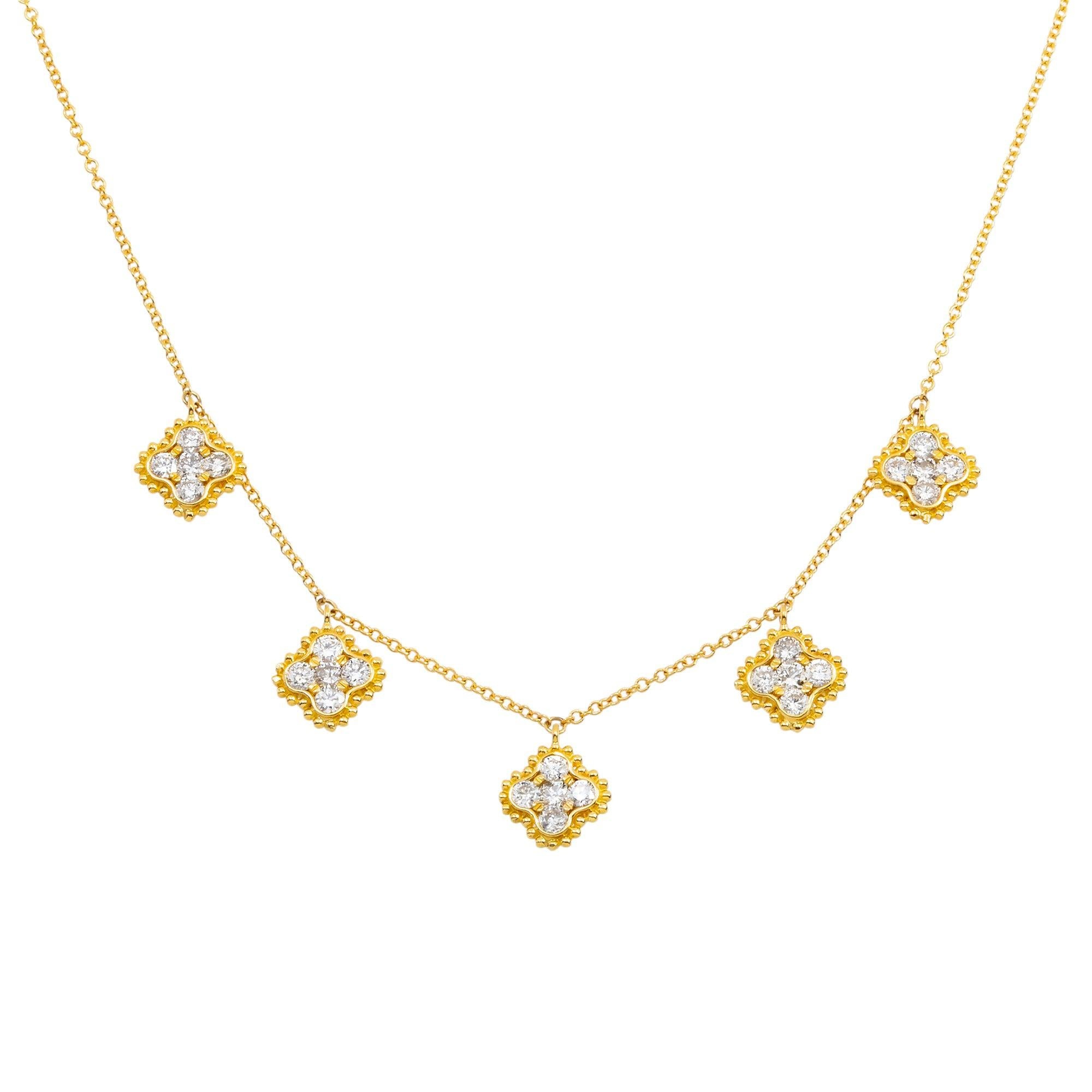 18K GOLD ROUND DIAMOND CLOVER SHAPE NECKLACE 0.95 CT