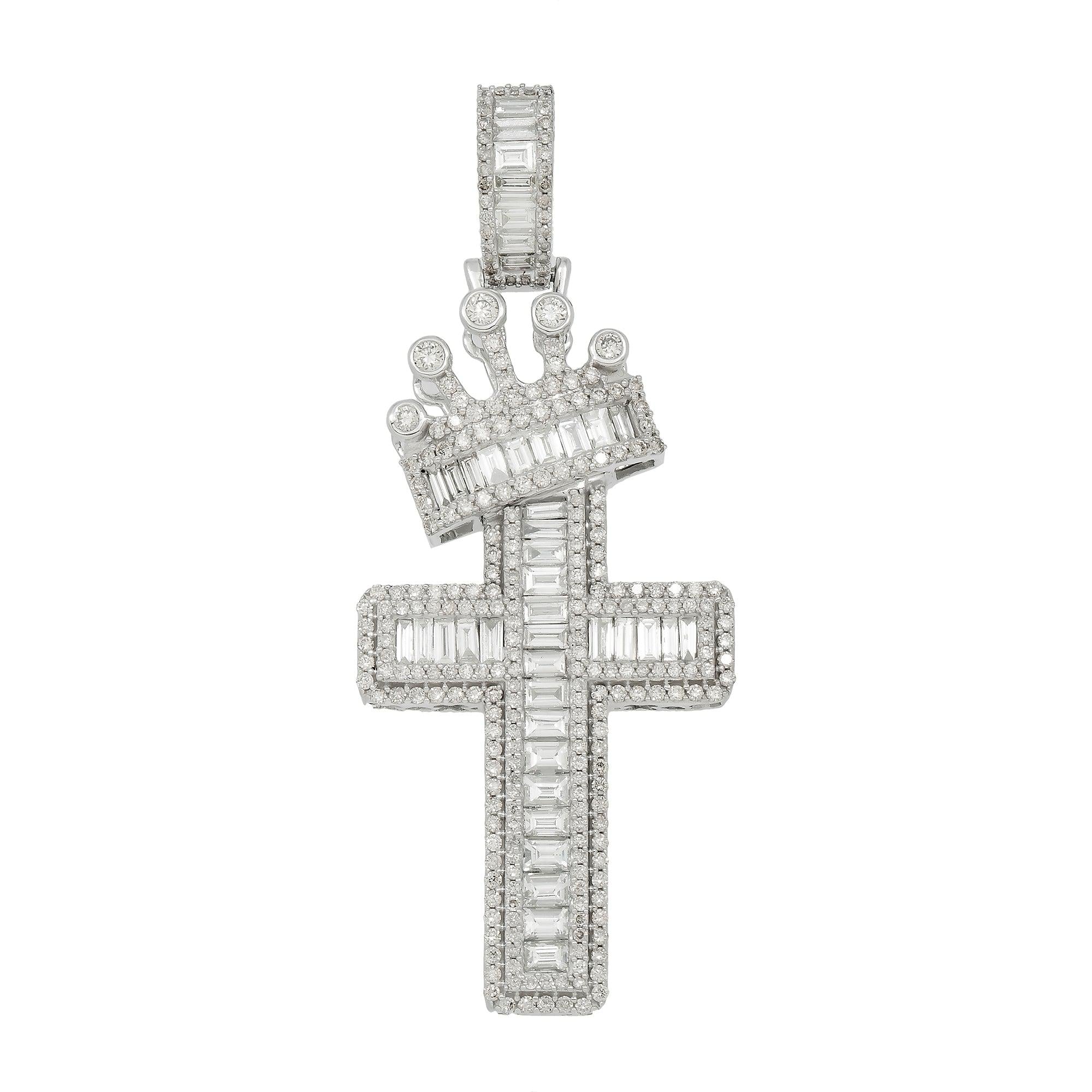 14K GOLD BAGUETTE DIAMOND CROSS WITH CROWN PENDANT 4.00 CT