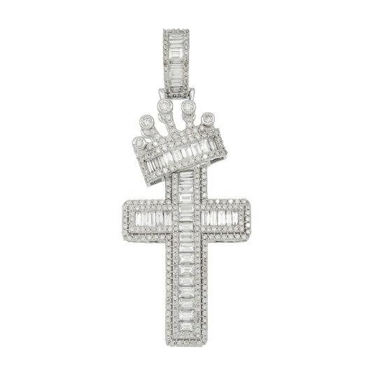 14K GOLD BAGUETTE DIAMOND CROSS WITH CROWN PENDANT 4.00 CT