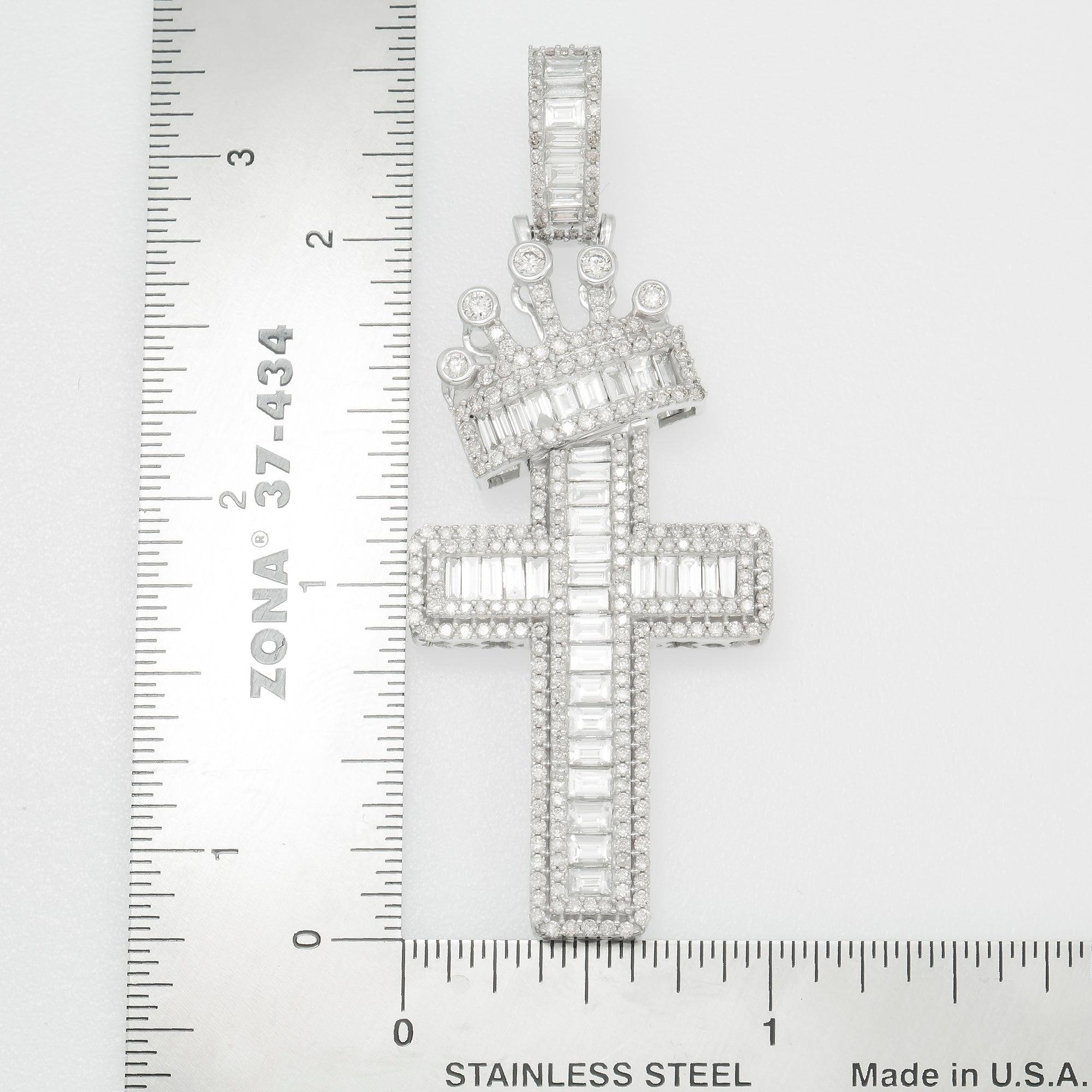 14K GOLD BAGUETTE DIAMOND CROSS WITH CROWN PENDANT 4.00 CT