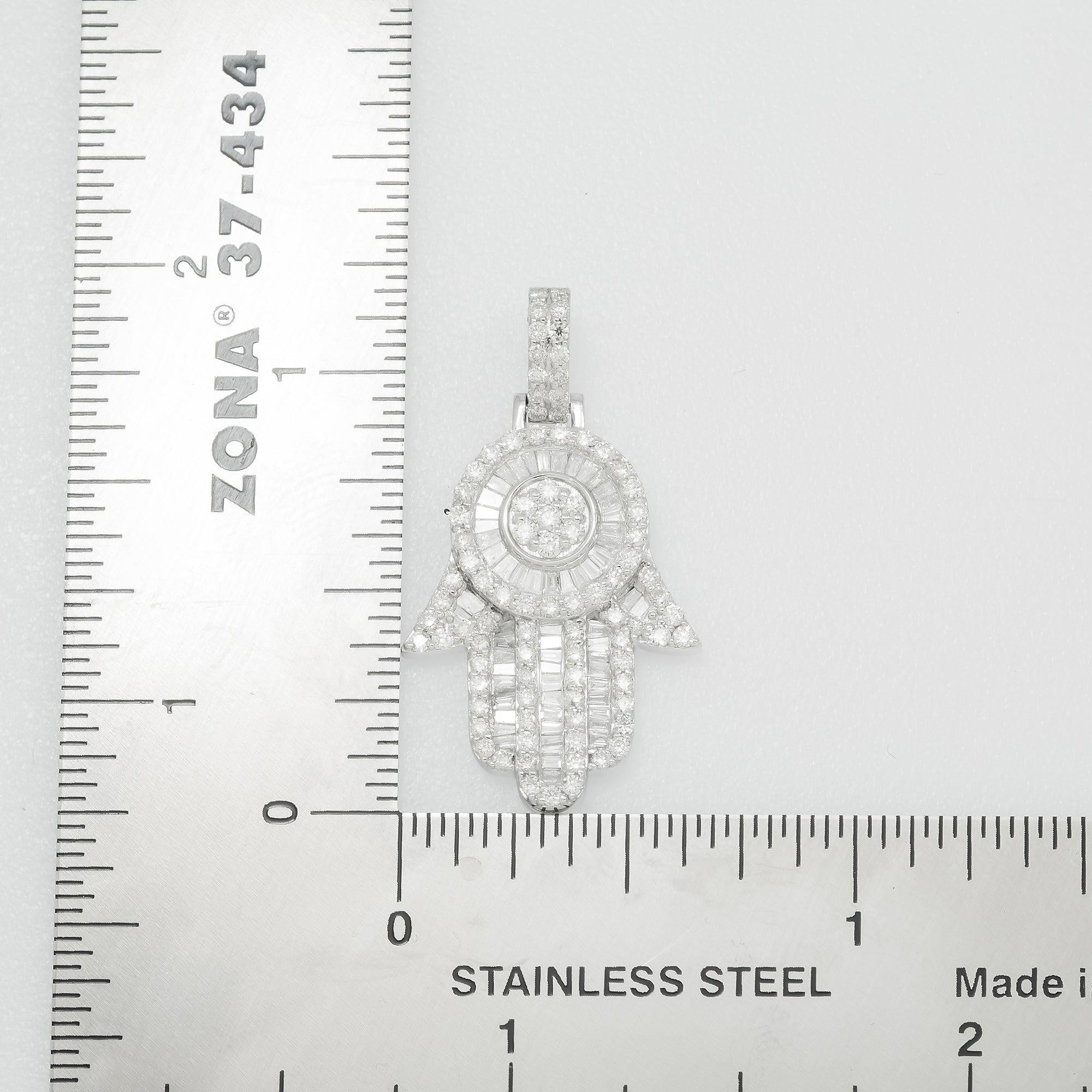 14K GOLD BAGUETTE DIAMOND ROUND CLUSTER HAMSA PENDANT 1.15 CT