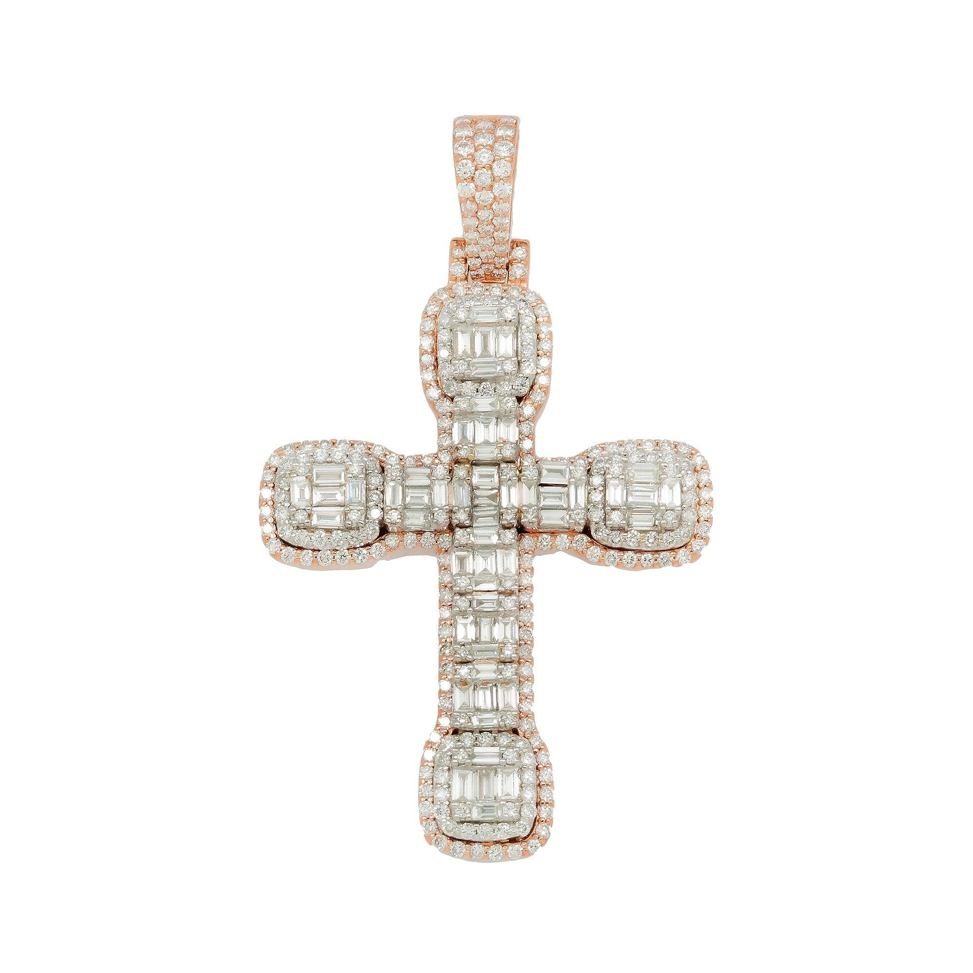 14K GOLD BAGUETTE DIAMOND CLUSTER TWO TONE CROSS PENDANT 3.00 CT