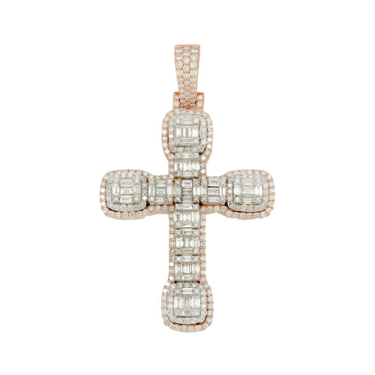 14K GOLD BAGUETTE DIAMOND CLUSTER TWO TONE CROSS PENDANT 3.00 CT