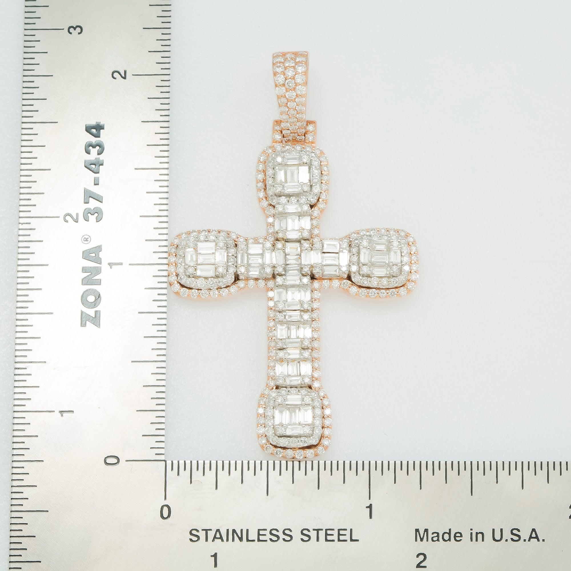 14K GOLD BAGUETTE DIAMOND CLUSTER TWO TONE CROSS PENDANT 3.00 CT