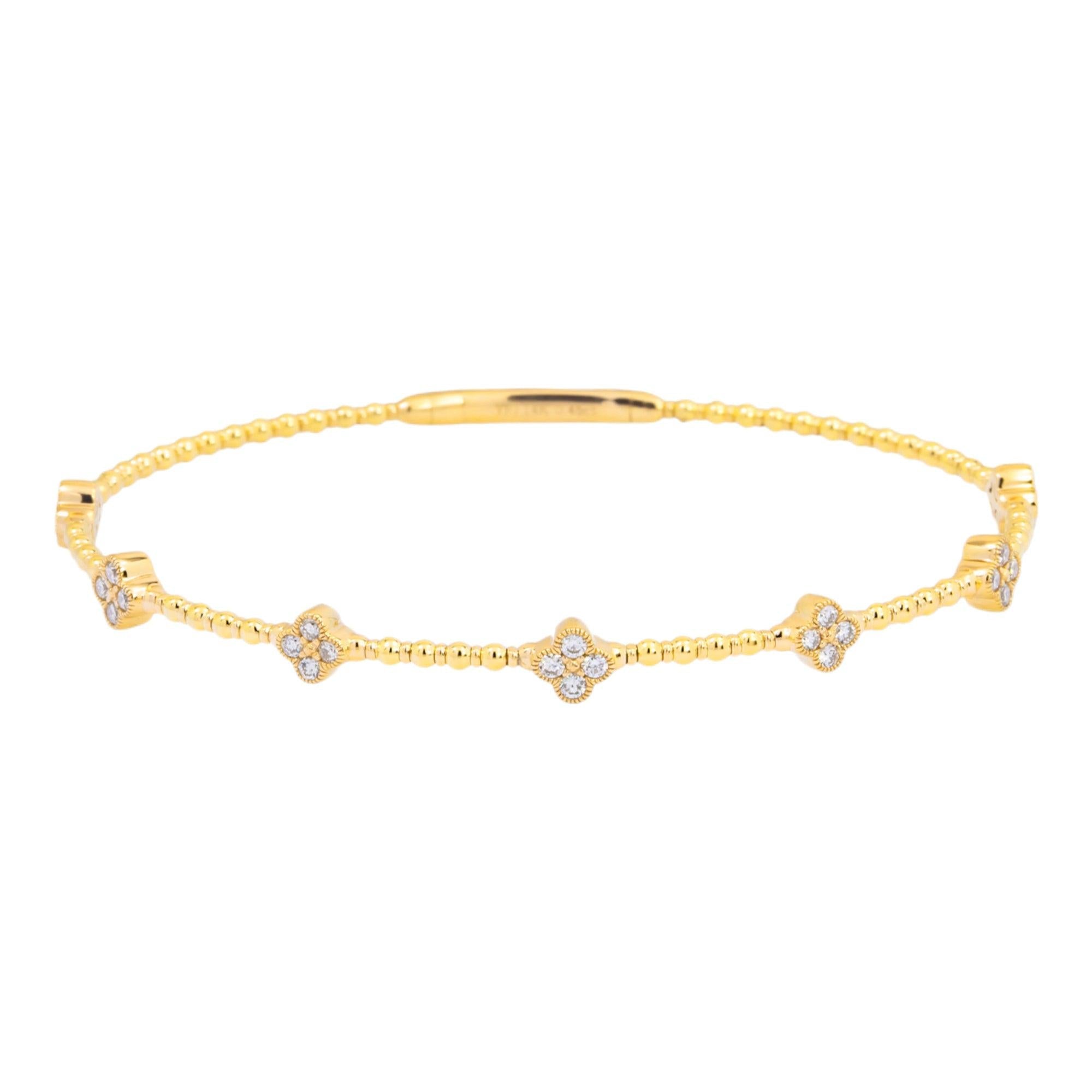 14K GOLD ROUND DIAMONDS CLOVER SHAPE THIN BANGLE BRACELET 0.45 CT