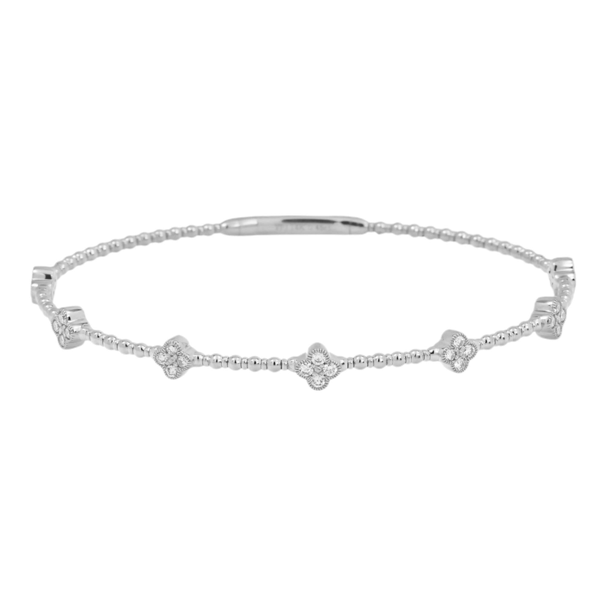 14K GOLD ROUND DIAMONDS CLOVER SHAPE THIN BANGLE BRACELET 0.45 CT