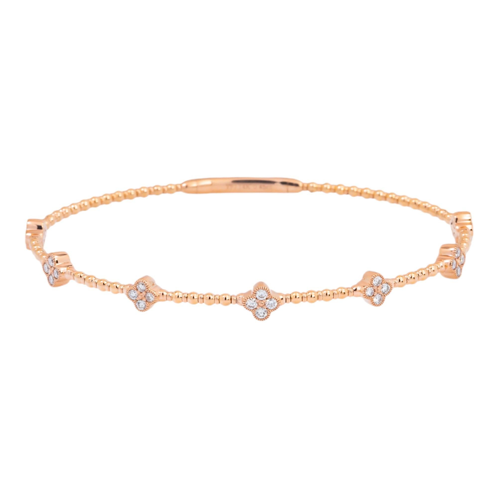 14K GOLD ROUND DIAMONDS CLOVER SHAPE THIN BANGLE BRACELET 0.45 CT
