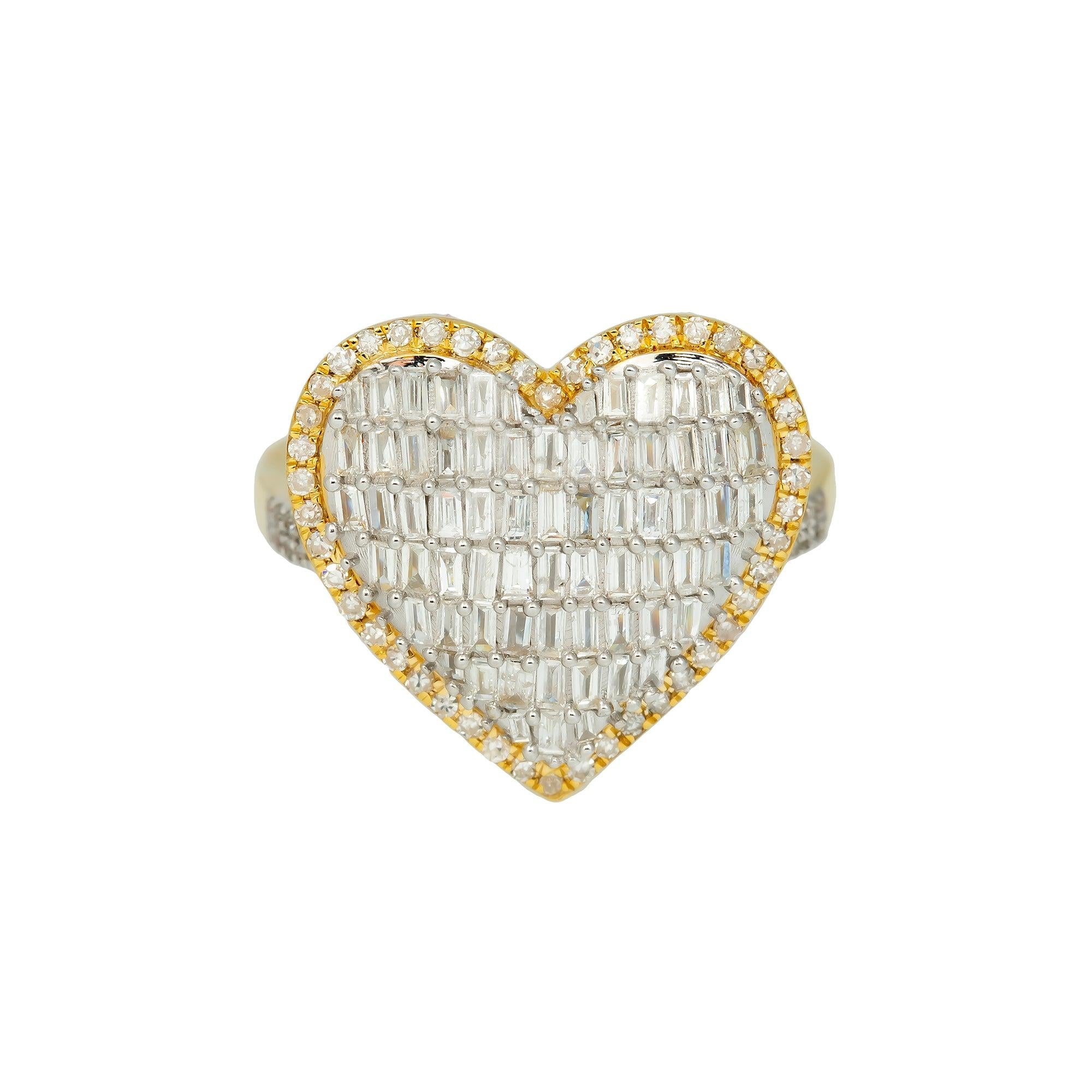 14K GOLD BAGUETTE AND ROUND DIAMOND DOME HEART RING 1.00 CT