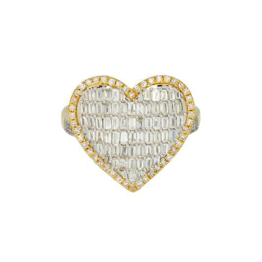 14K GOLD BAGUETTE AND ROUND DIAMOND DOME HEART RING 1.00 CT