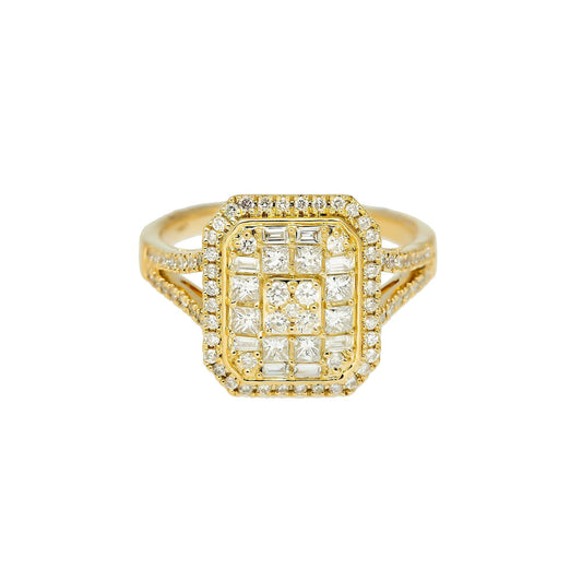 14K GOLD PRINCESS AND BAGUETTE DIAMOND RECTANGLE CLUSTER RING 0.75 CT