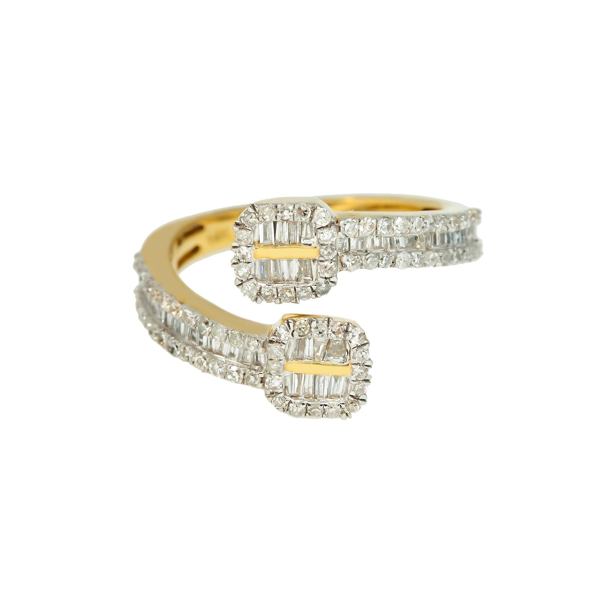 14K GOLD BAGUETTE AND ROUND DIAMOND DESIGNER CUFF RING 0.85 CT