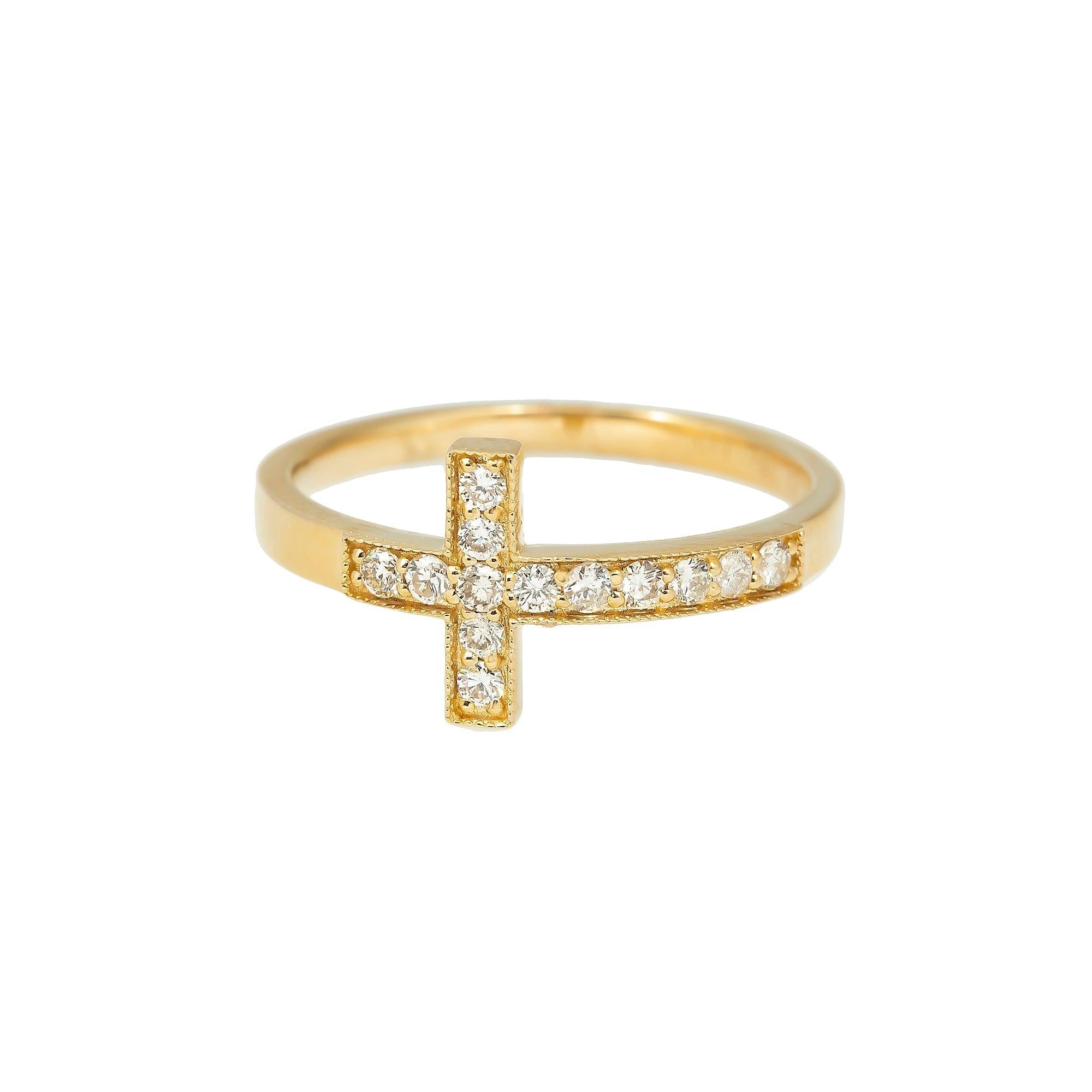 14K GOLD DIAMOND SIDEWAYS CROSS MILGRAIN RING 0.25 CT