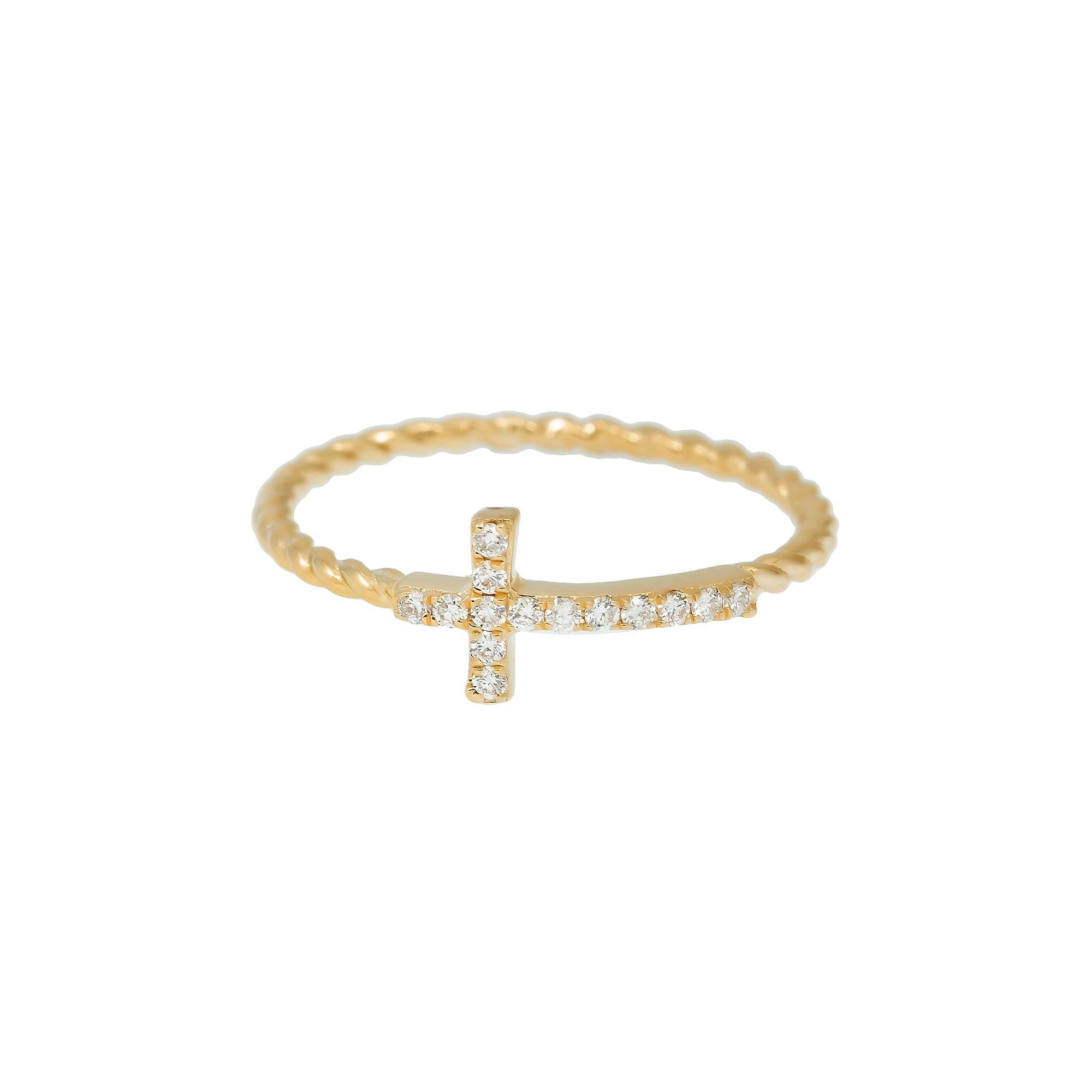 14K GOLD DIAMOND DESIGNER SIDEWAYS CROSS RING 0.15 CT