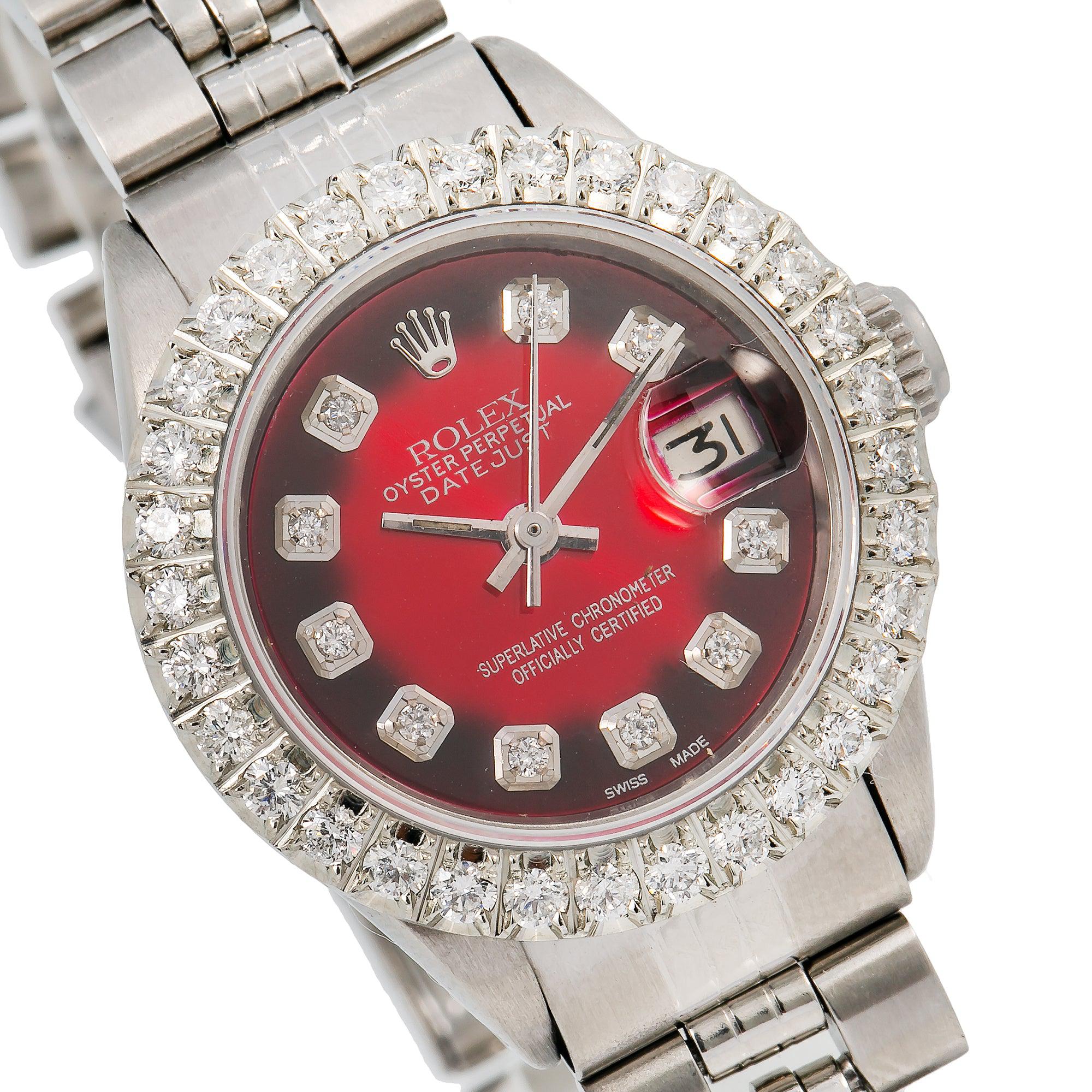 Ladies Rolex Datejust 69174 26MM Red Diamond Dial With Stainless Steel Jubilee Bracelet