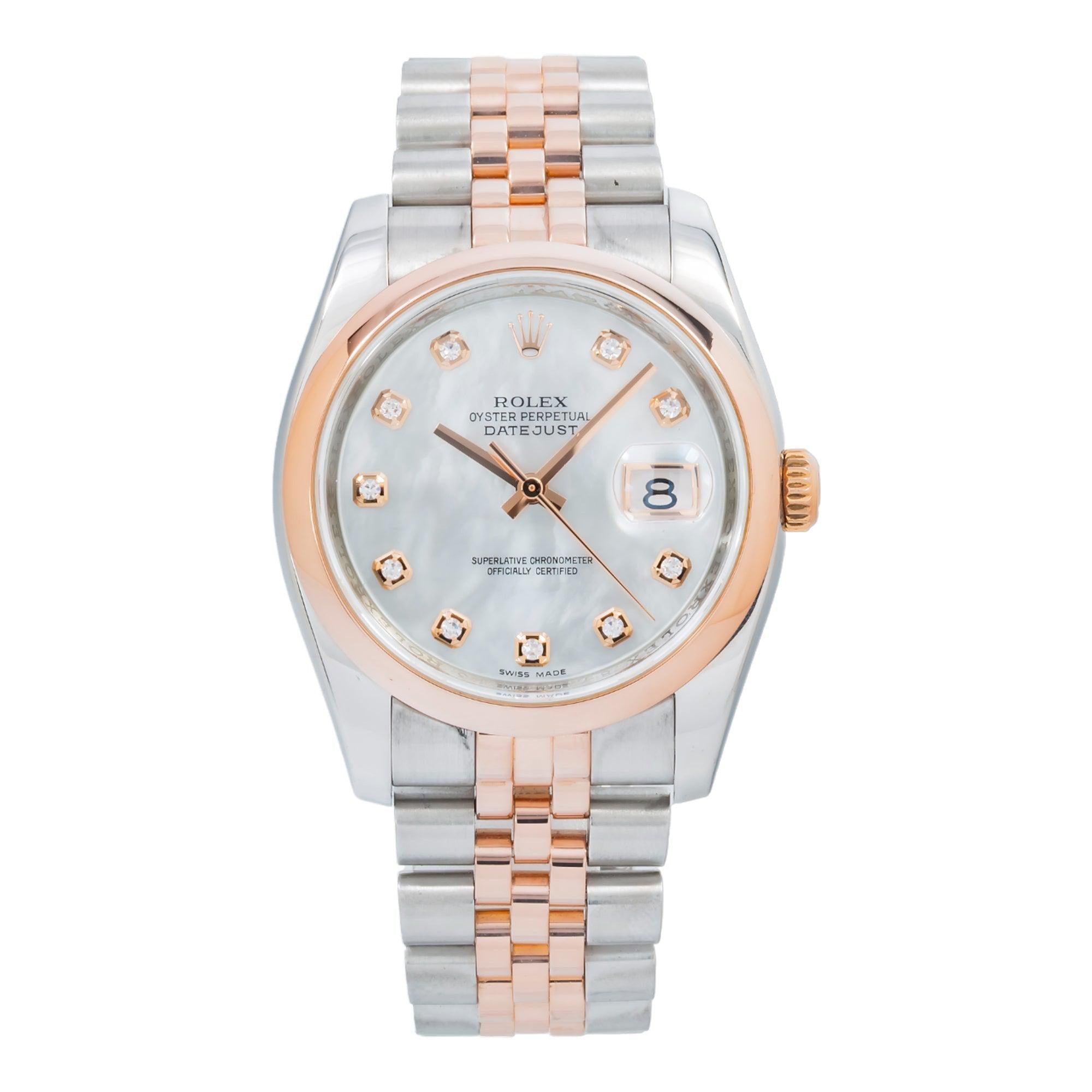 Rolex Datejust 116201 36MM White Mother Of Pearl Diamond Dial With Two Tone Jubilee Bracelet
