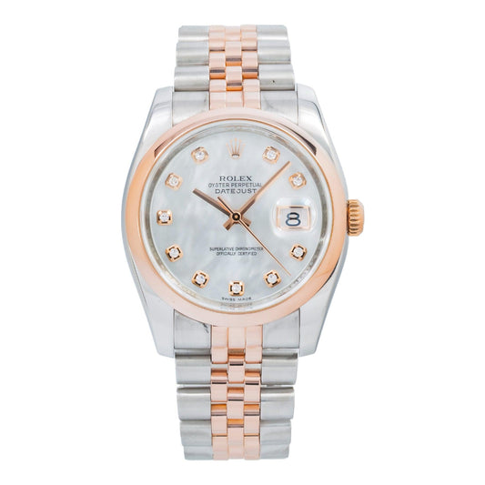 Rolex Datejust 116201 36MM White Mother Of Pearl Diamond Dial With Two Tone Jubilee Bracelet
