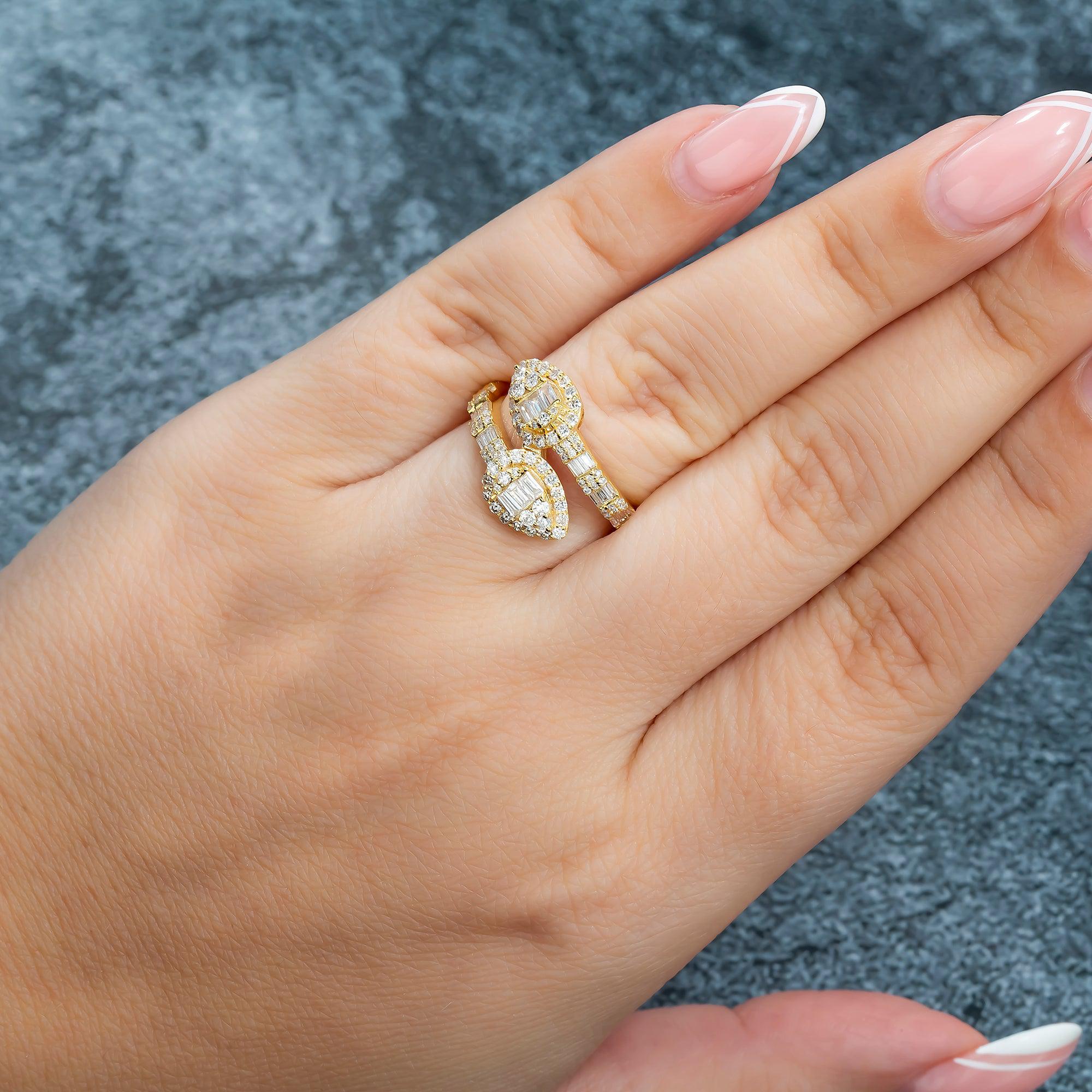 14K GOLD BAGUETTE DIAMOND TWISTED OPEN CUFF PEAR CLUSTERS RING 1.15 CT