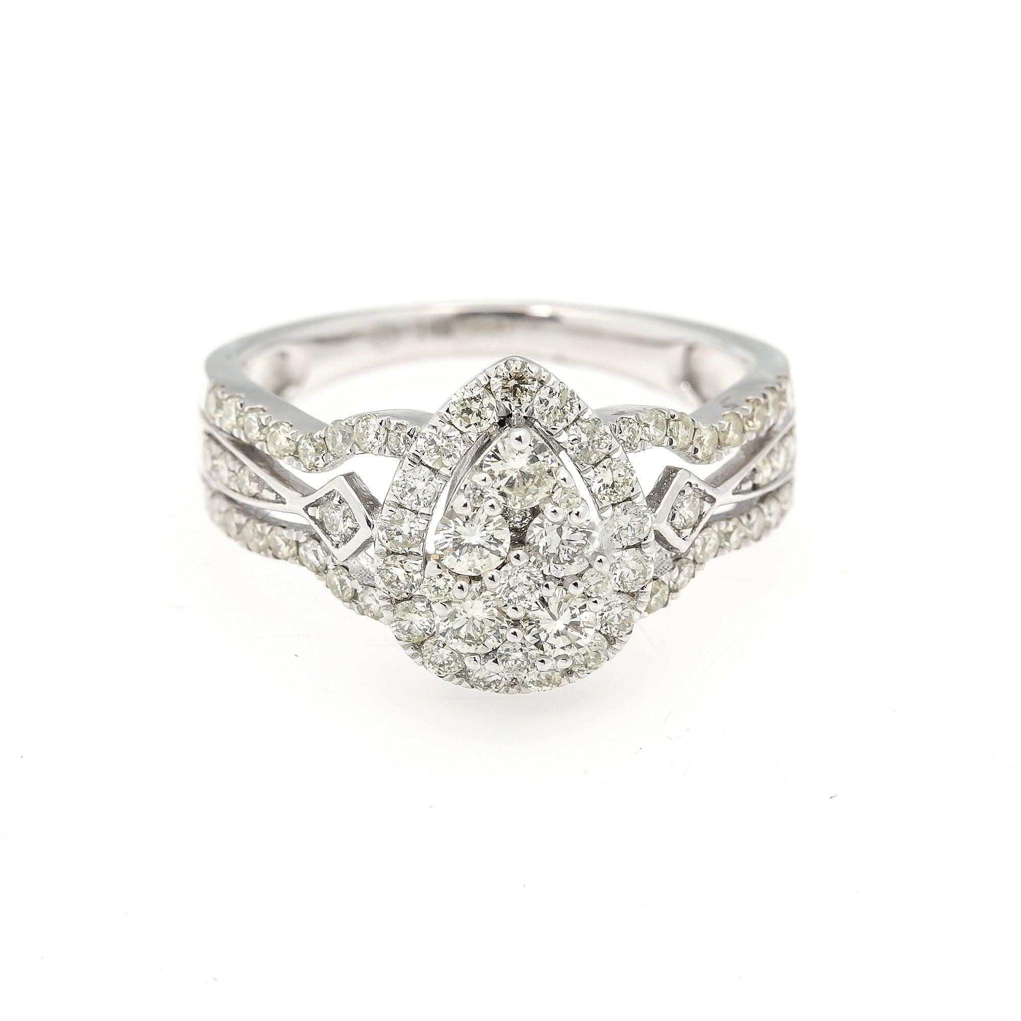 14K GOLD PEAR CLUSTER RING 1.5 CT SINGLE HALO SPLIT SHANK WITH MIDDLE DIAMONDS