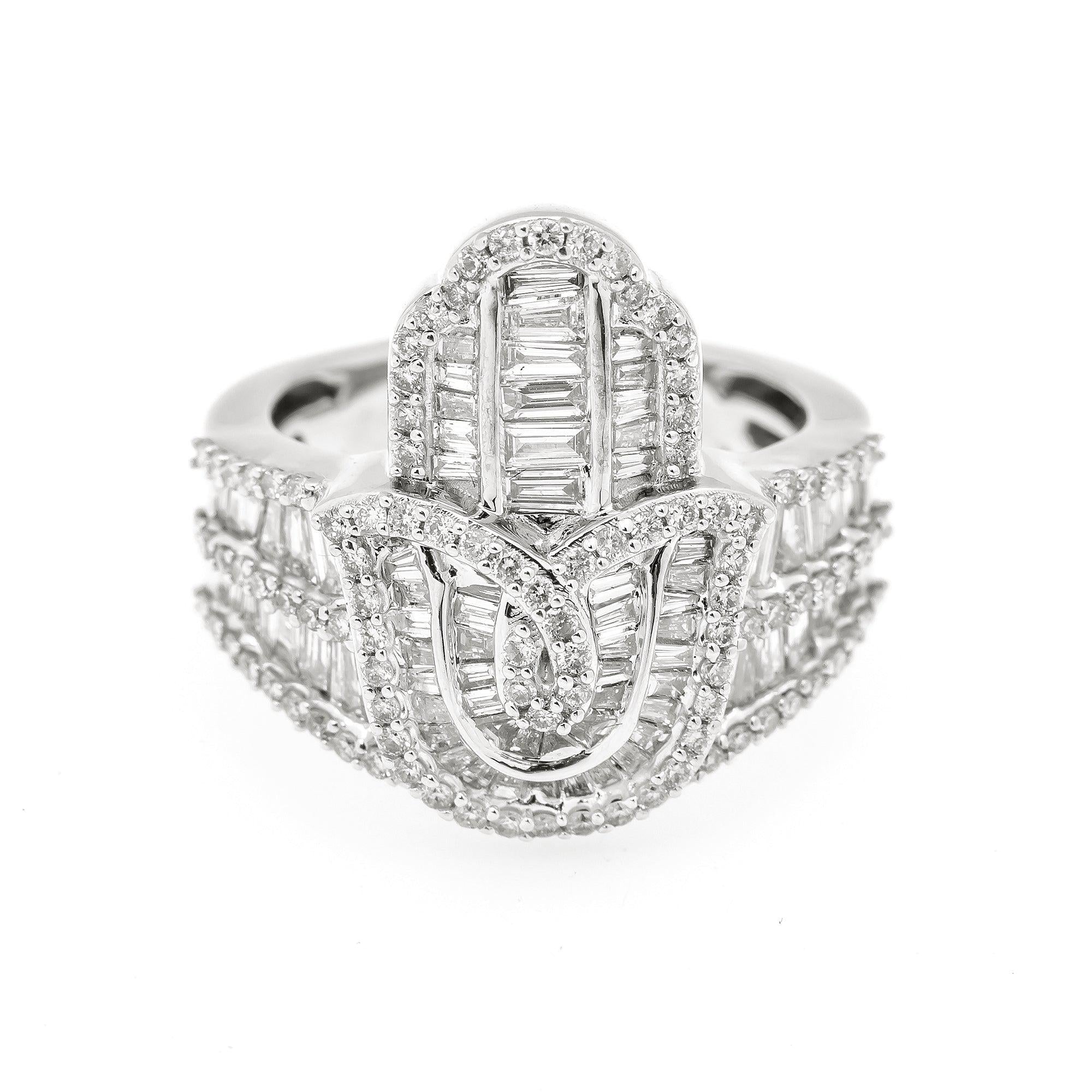 10K WHITE GOLD BAGUETTE DIAMOND LADIES HAMSA RING 1.70 CT