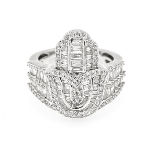 10K WHITE GOLD BAGUETTE DIAMOND LADIES HAMSA RING 1.70 CT