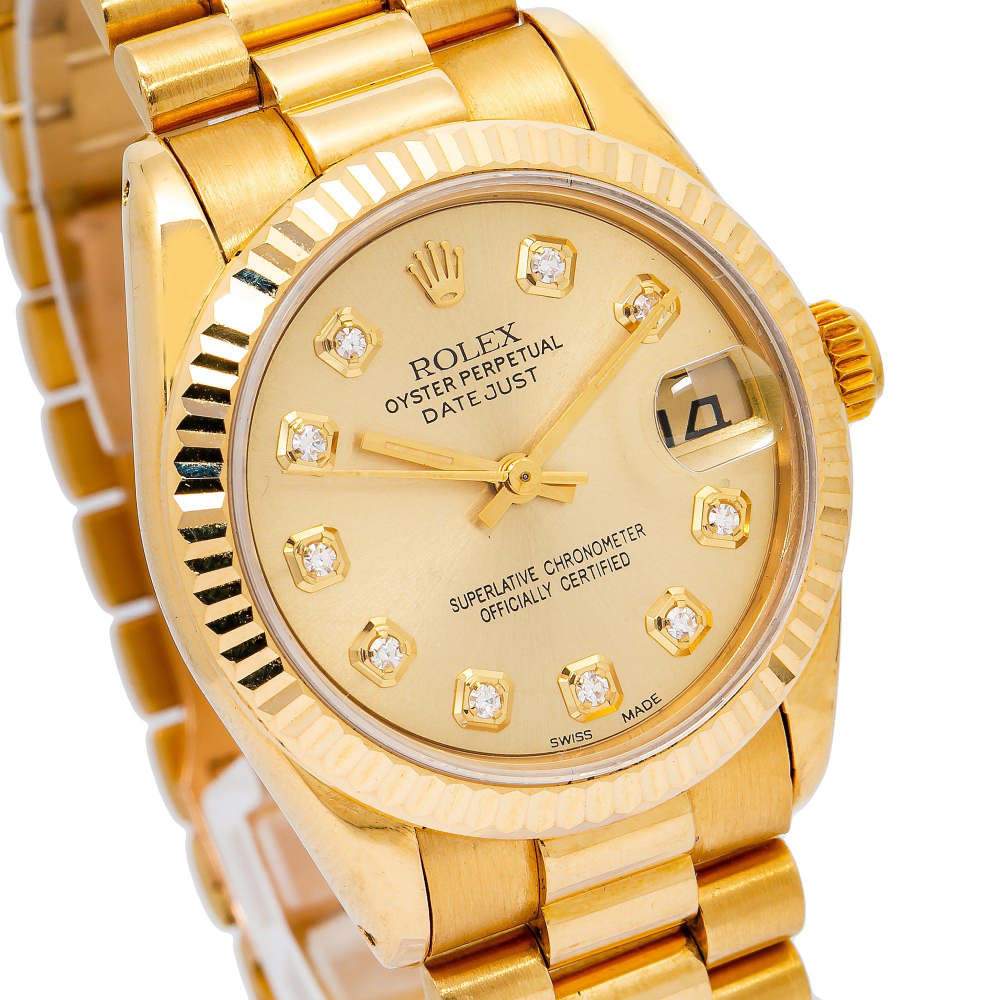 Rolex Datejust 68278 31MM Champagne Diamond Dial With Yellow Gold President Bracelet