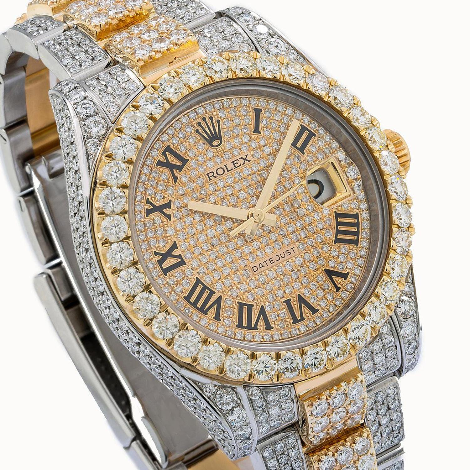 Rolex Datejust II 41MM 116333 Diamond Paved Roman Dial Diamond Bezel Two Tone Full Diamond Oyster Bracelet 19.75ct