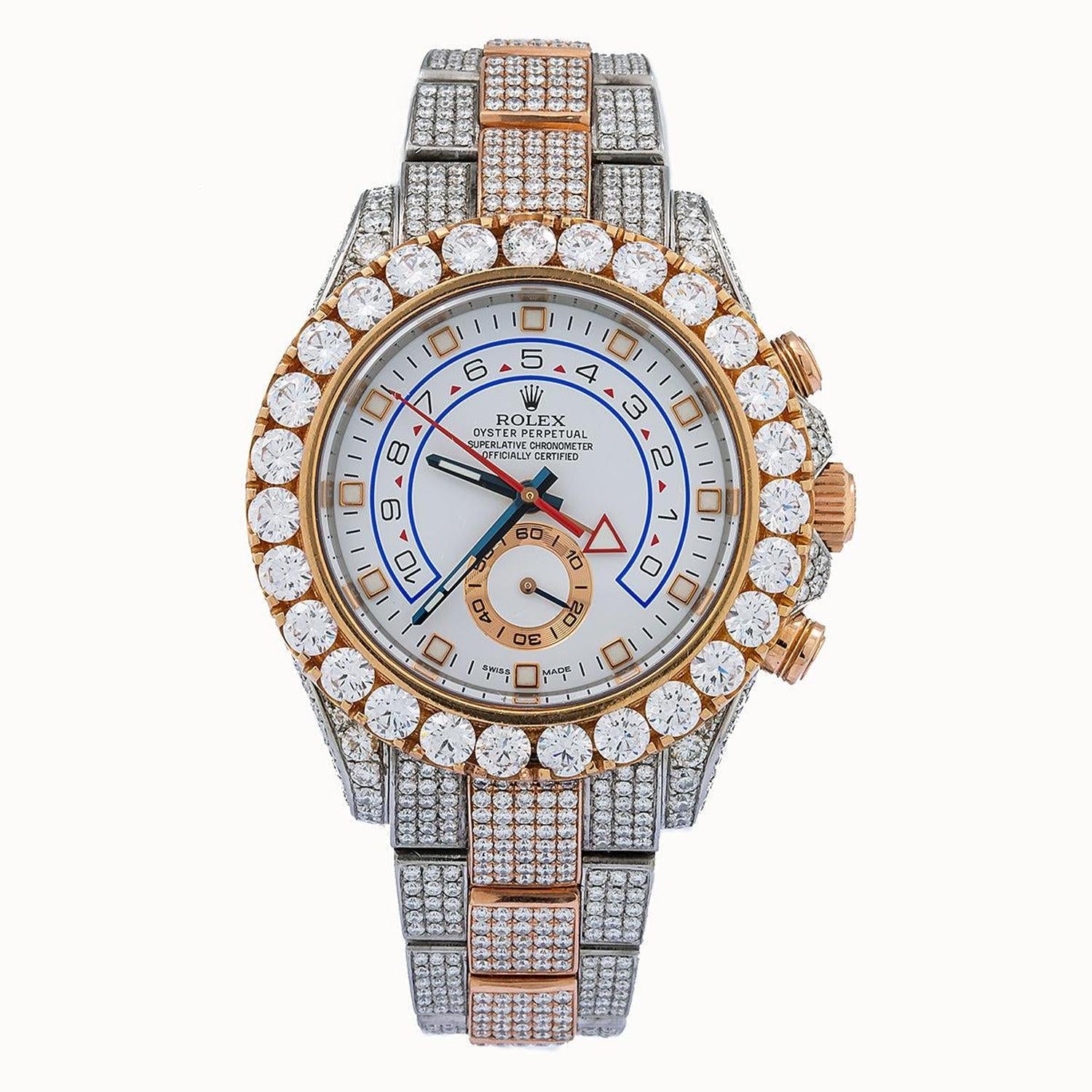 Rolex Yacht-Master II 44MM 116681 White Dial Diamond Bezel Two Tone Full Diamond Oyster Bracelet 17.5ct