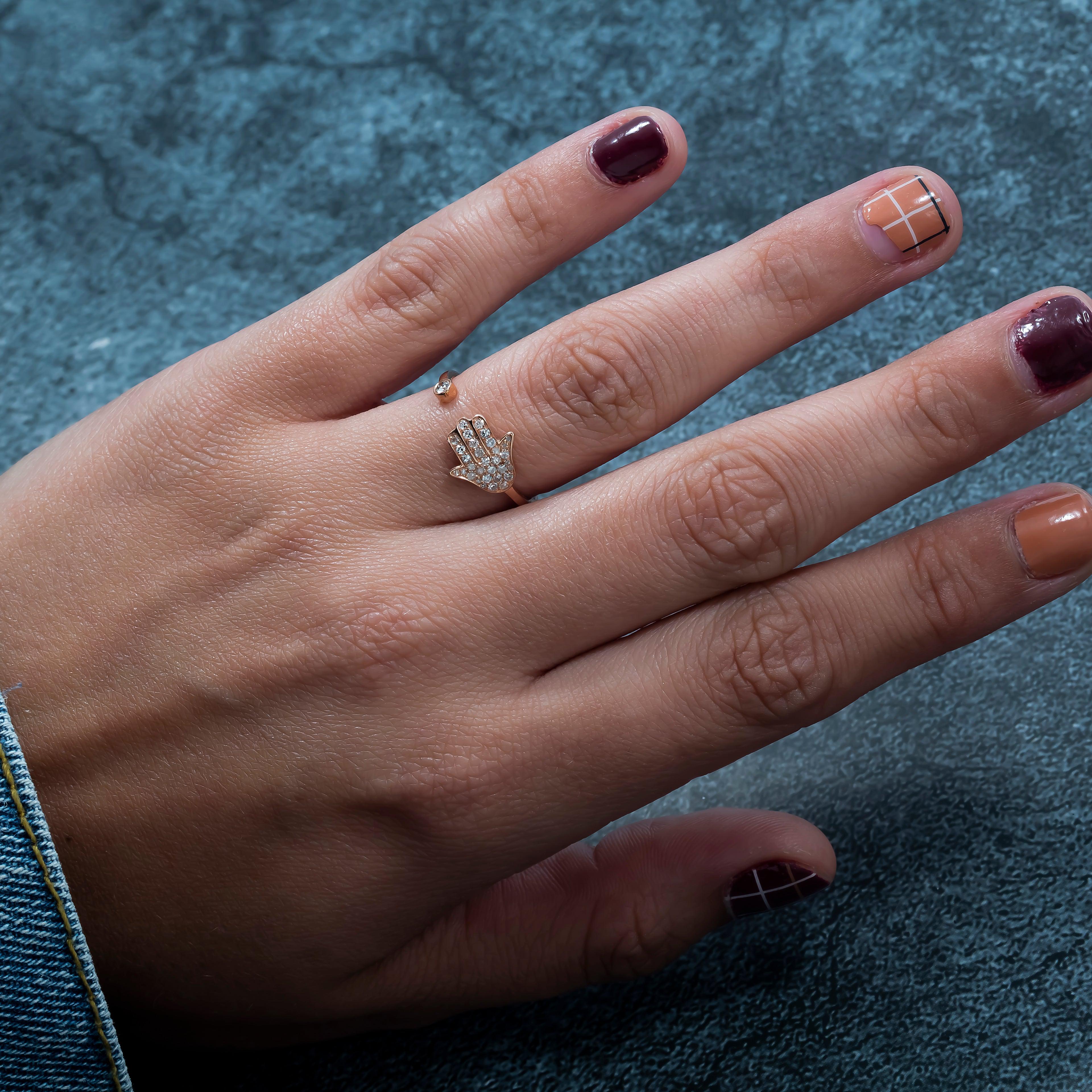 14K GOLD DIAMOND OPEN HAMSA PINKY RING 0.20 CT