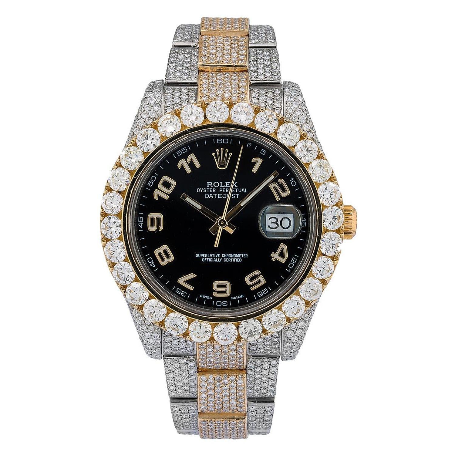 Rolex Datejust II 41MM 116333 Black Arabic Dial Diamond Bezel Two Tone Full Diamond Oyster Bracelet 25.75ct