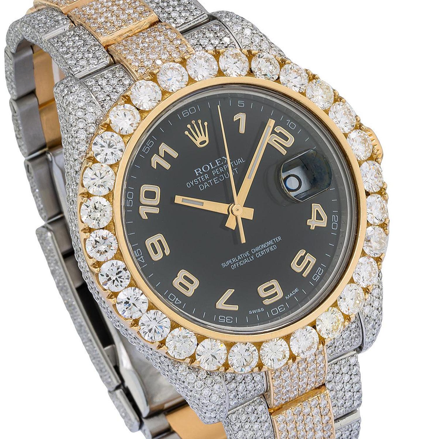 Rolex Datejust II 41MM 116333 Black Arabic Dial Diamond Bezel Two Tone Full Diamond Oyster Bracelet 25.75ct