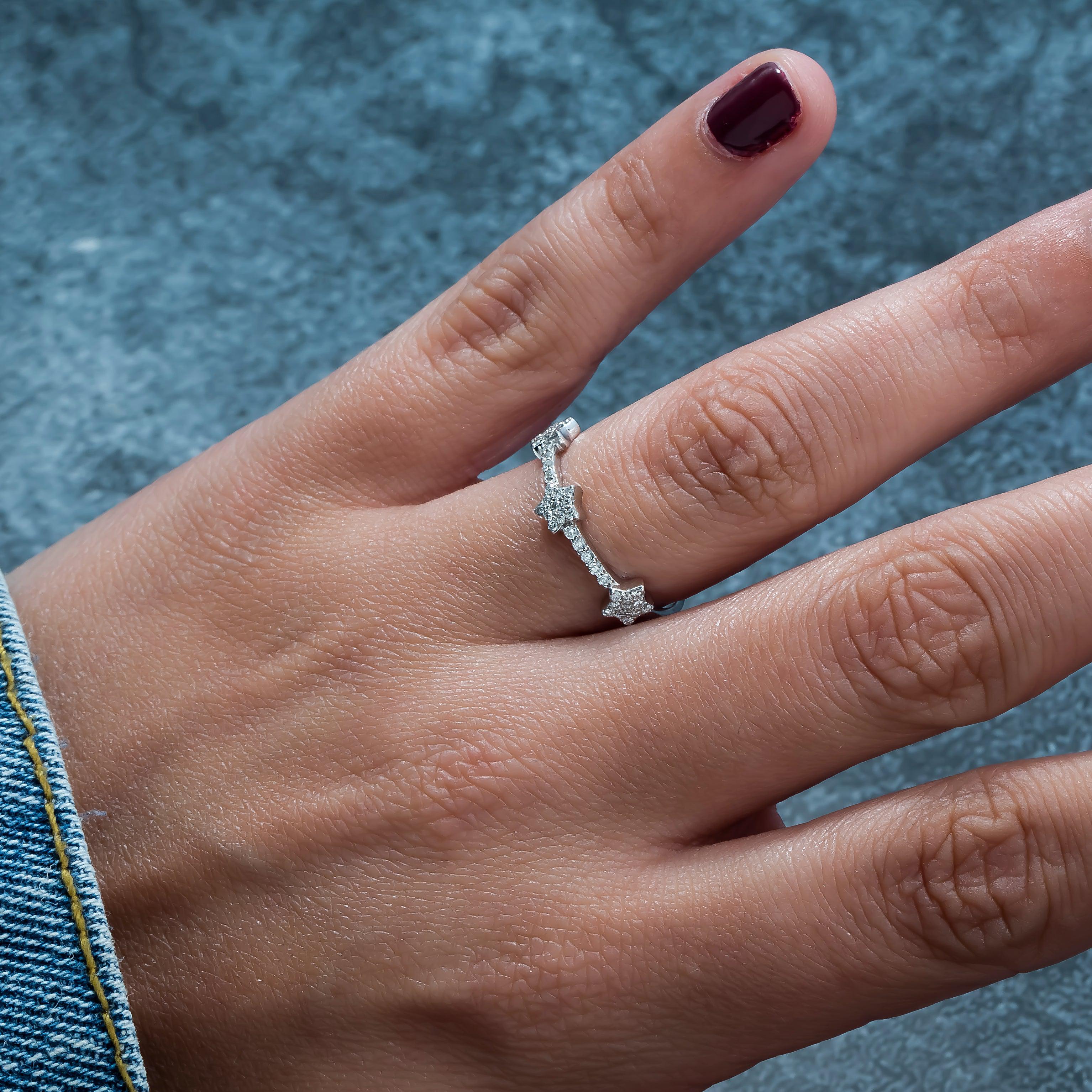 14K GOLD DIAMOND FANCY BAND STARS RING 0.20 CT