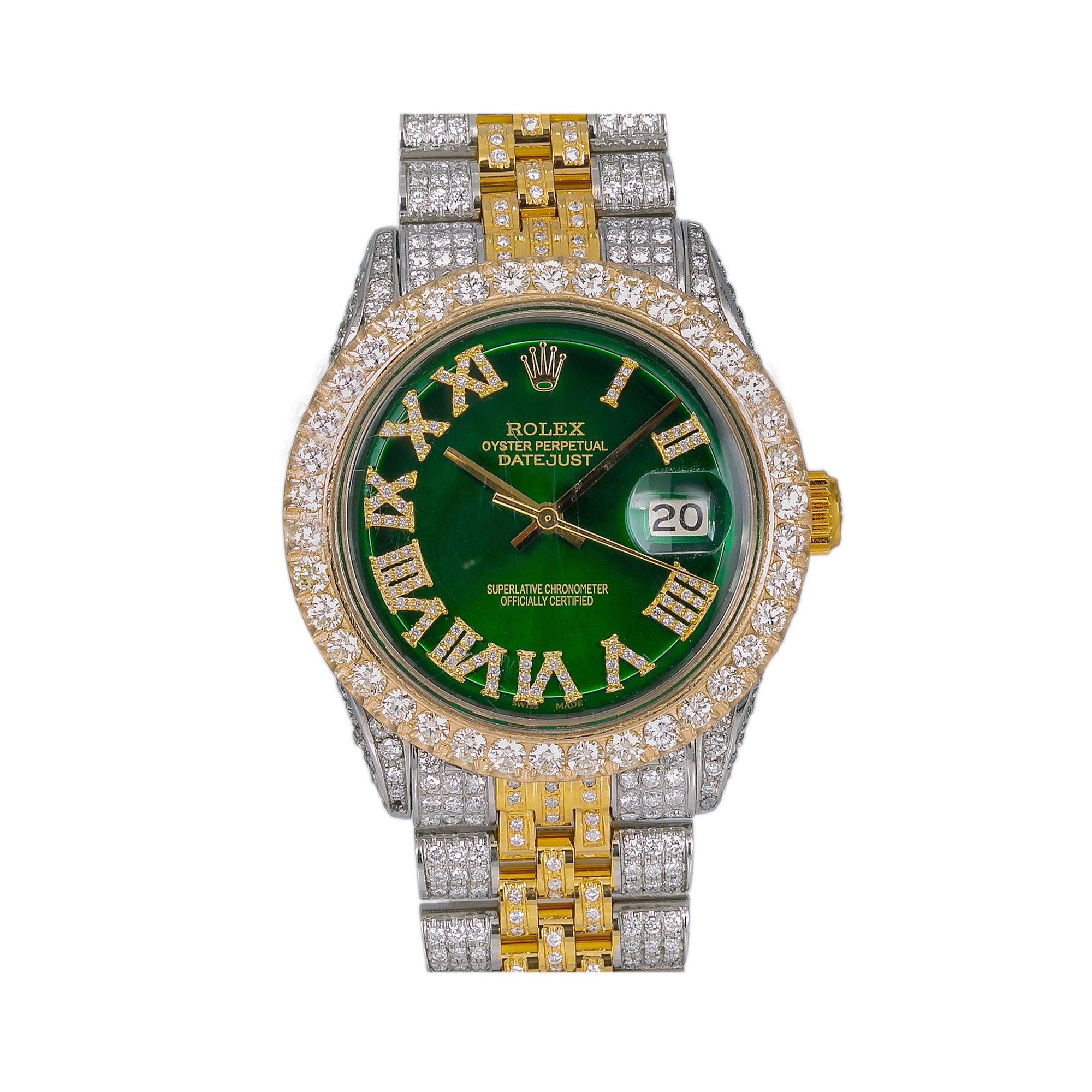 Rolex Datejust 36MM 1601 Green Roman Dial Diamond Bezel Two Tone Full Diamond Jubilee Bracelet 8.25ct
