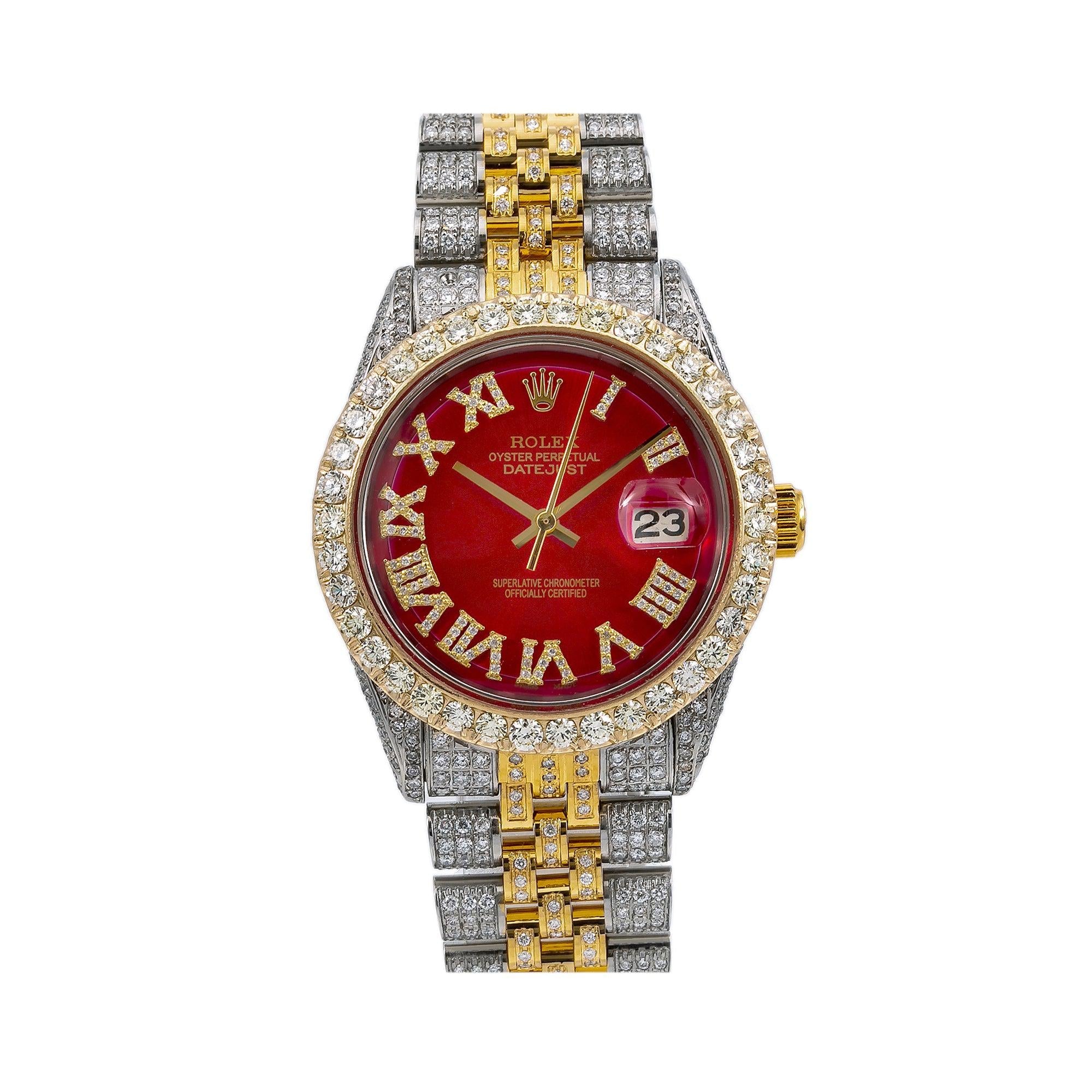 Rolex Datejust 36MM 1601 Red Roman Dial Diamond Bezel Two Tone Full Diamond Jubilee Bracelet 8.25ct