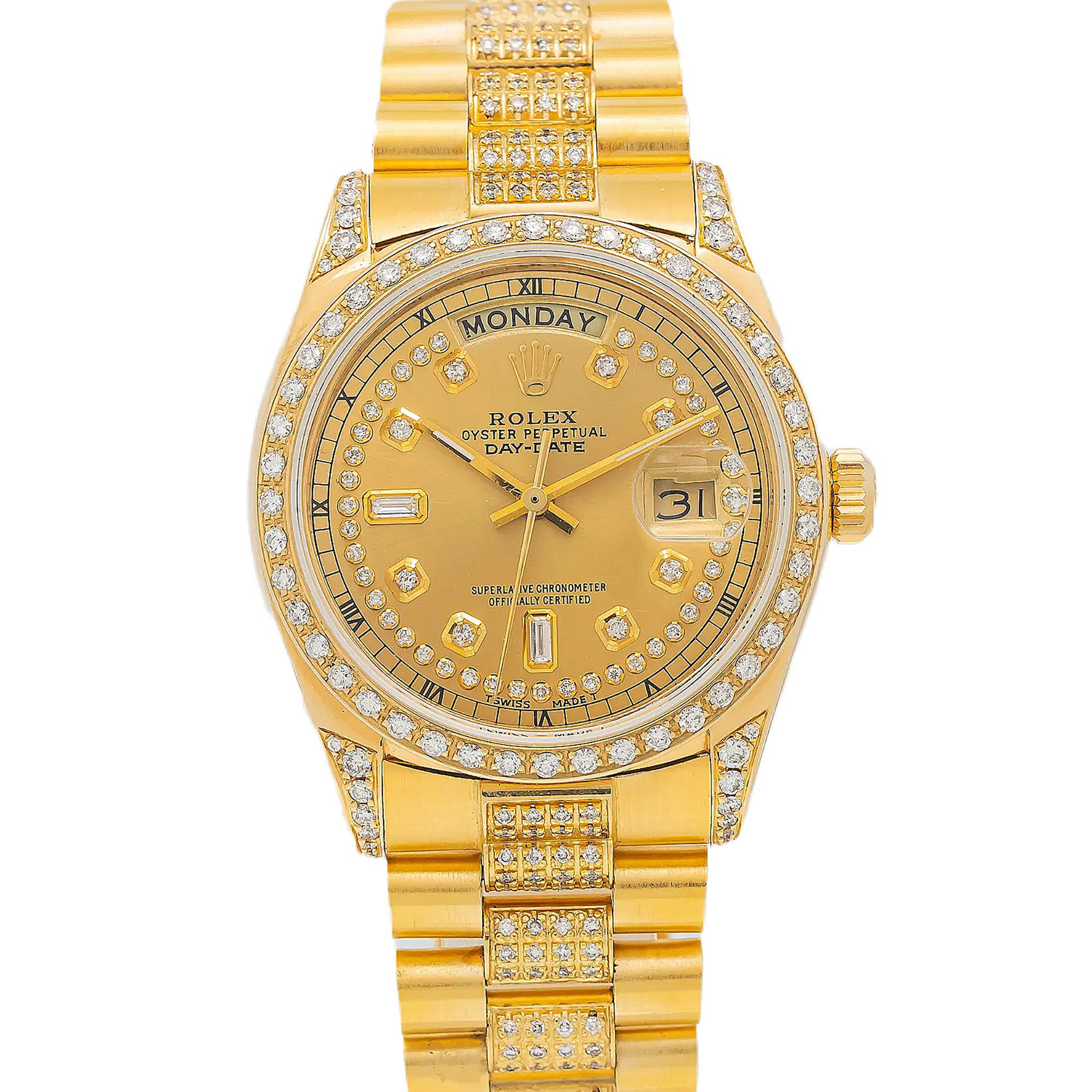 Rolex Day-Date 18038 36MM Champagne Diamond Dial With Yellow Gold Diamond Bezel