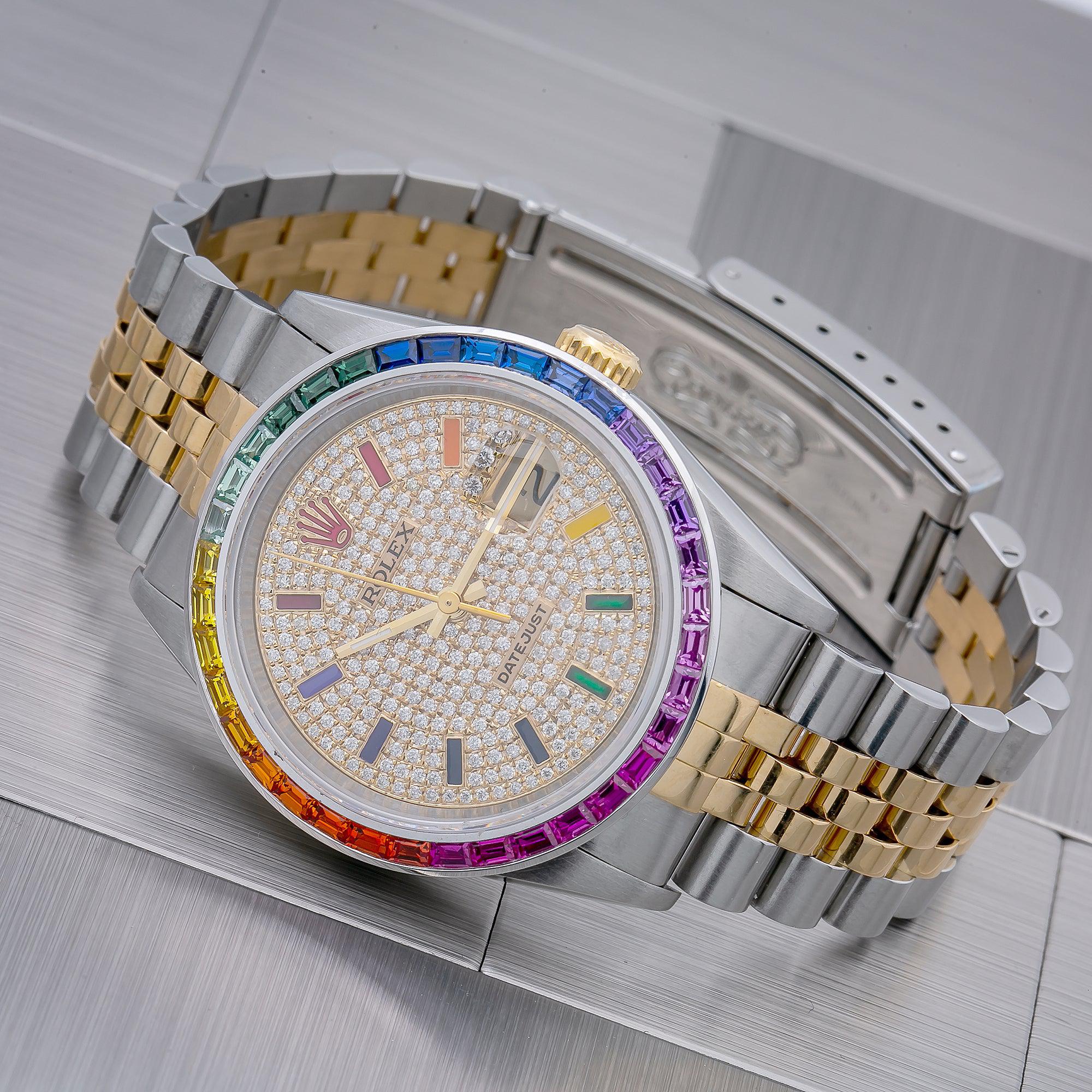 Rolex Datejust 16233 36MM Rainbow Diamond Dial With Two Tone Jubilee Bracelet