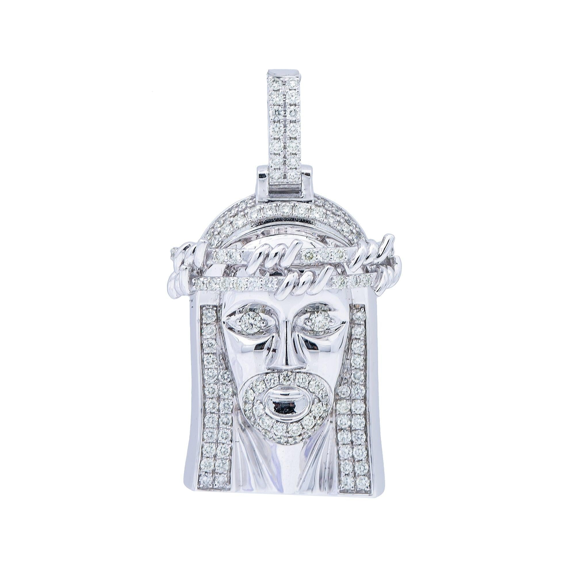 14K White Gold Diamond Jesus Head Pendant