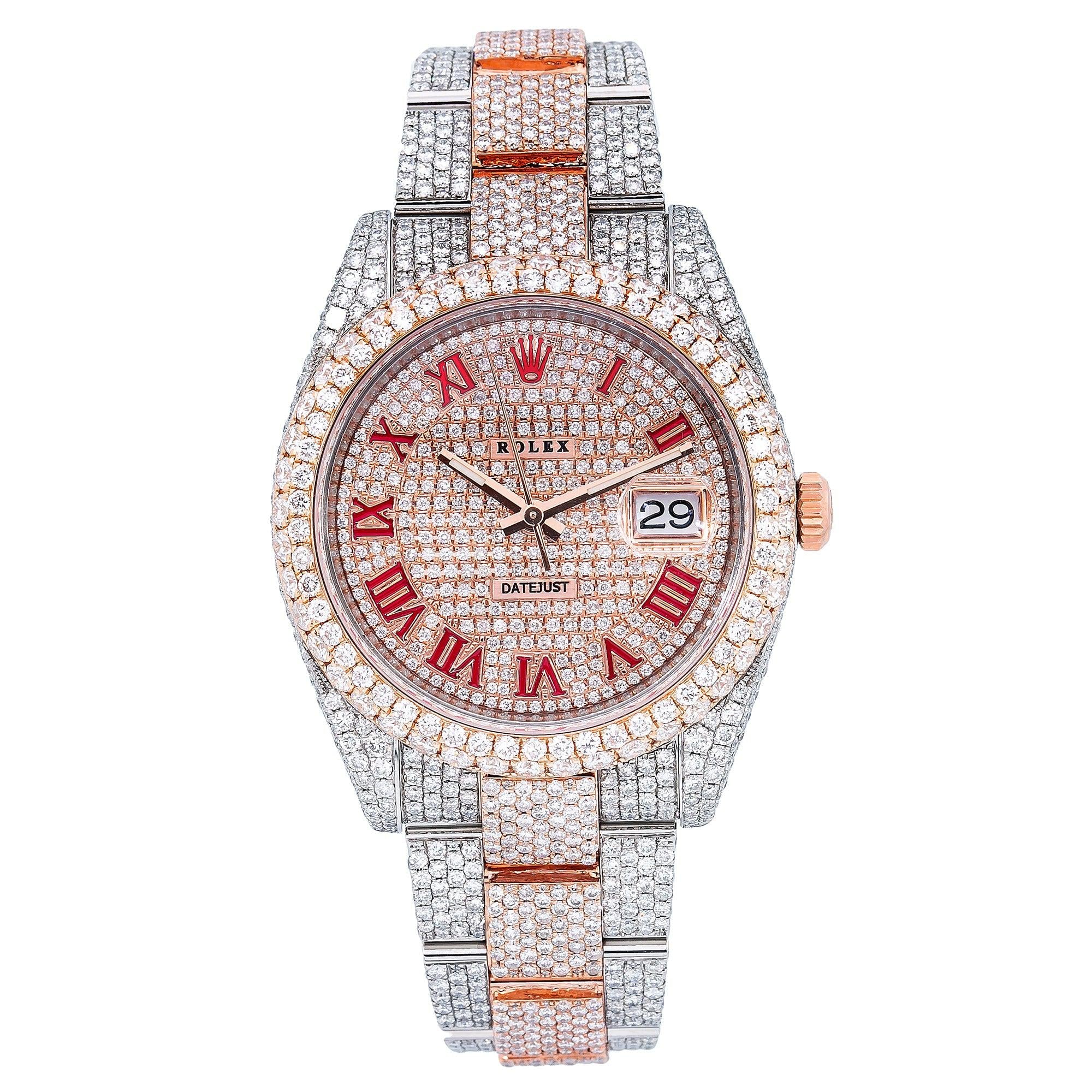 Rolex Datejust 41MM 126331 Diamond Paved Red Roman Dial Diamond Bezel Two Tone Full Diamond Oyster Bracelet