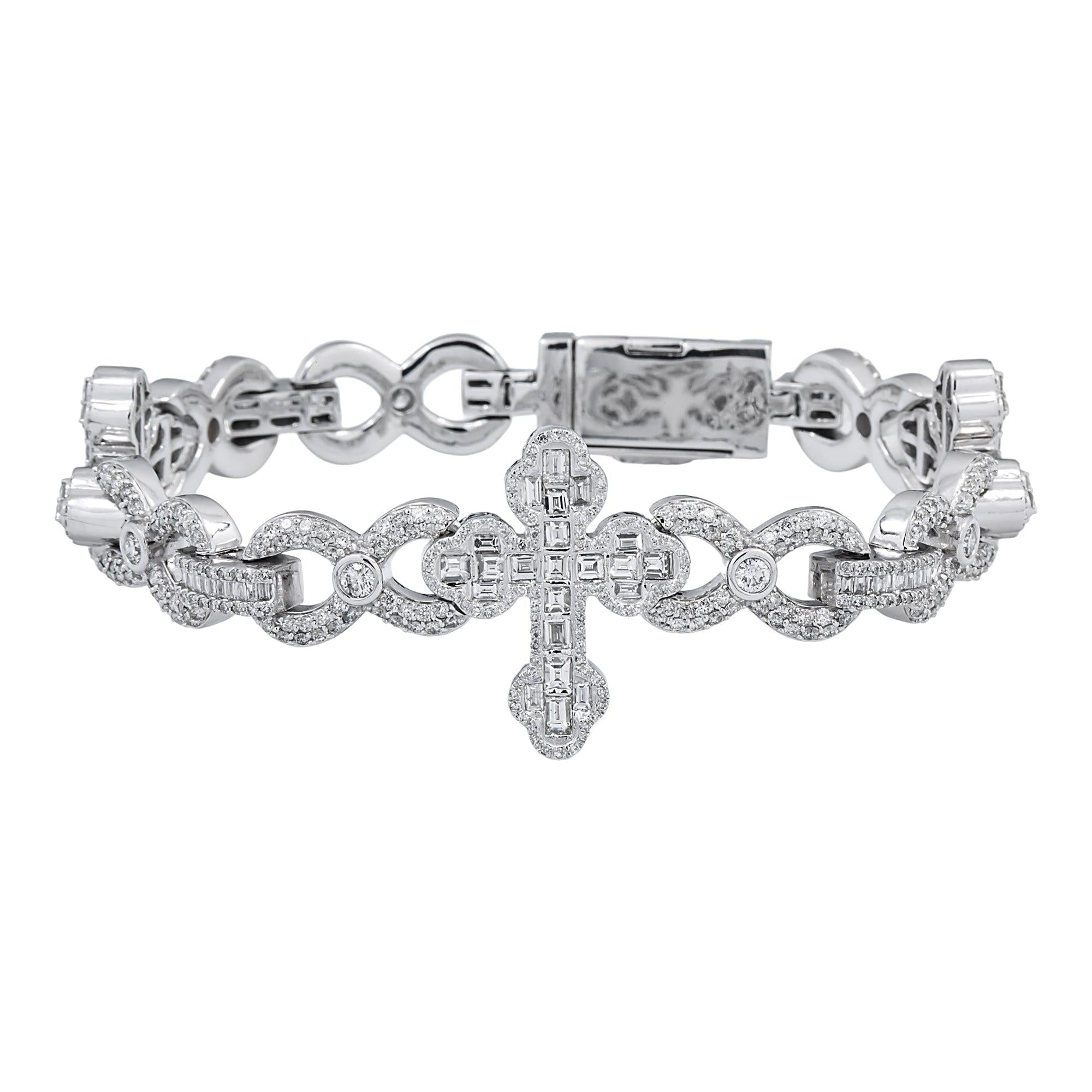 10K GOLD ROUND AND BAGUETTE DIAMONDS CROSS INFINITY CHAIN BRACELET 8.95 CT