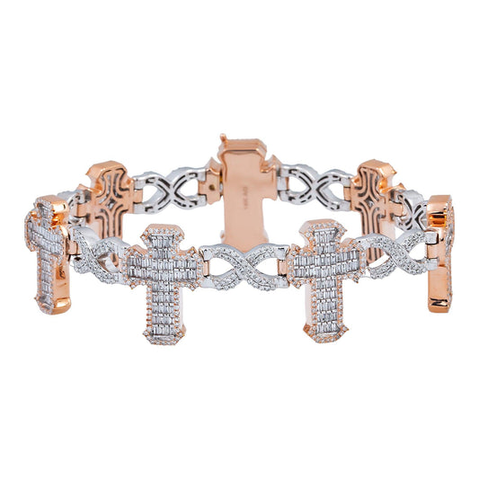 10K GOLD TWO TONE ROUND AND BAGUETTE DIAMONDS CROSS INFINITY CHAIN BRACELET 5.60 CT