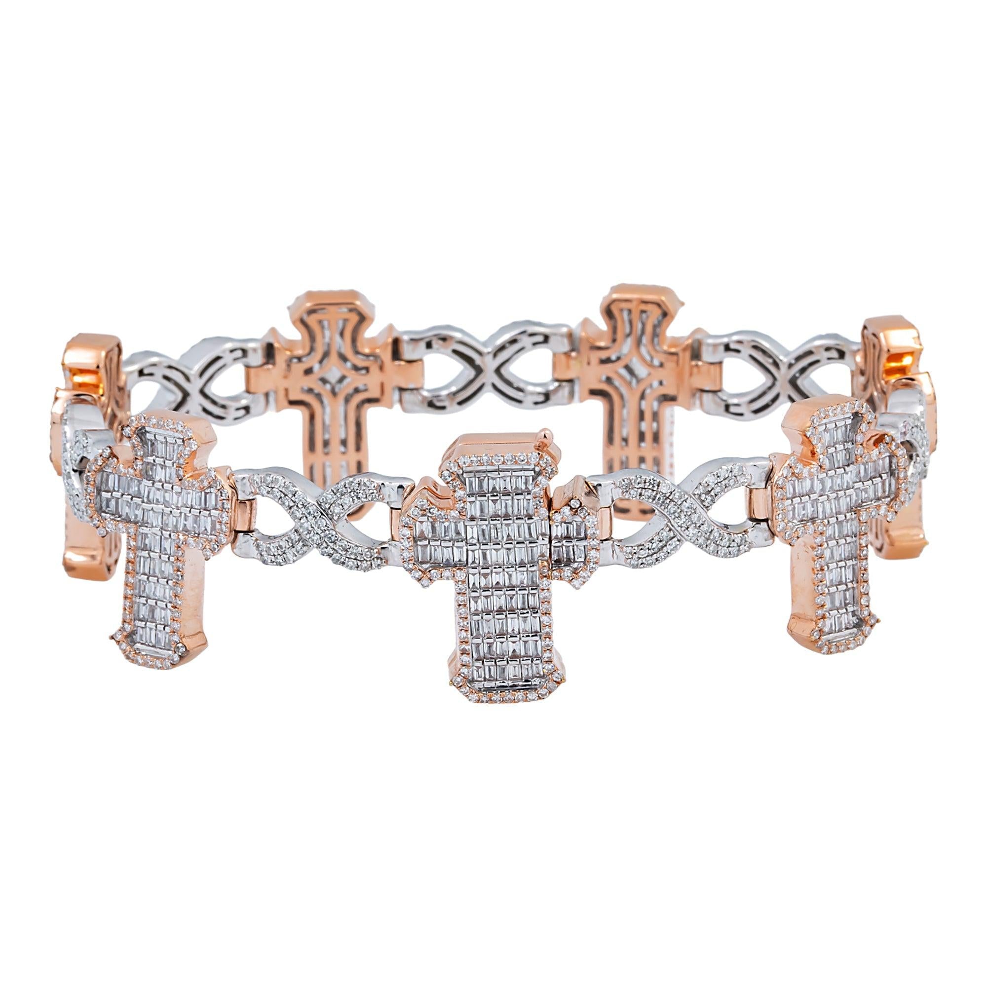 10K GOLD TWO TONE ROUND AND BAGUETTE DIAMONDS CROSS INFINITY CHAIN BRACELET 5.60 CT