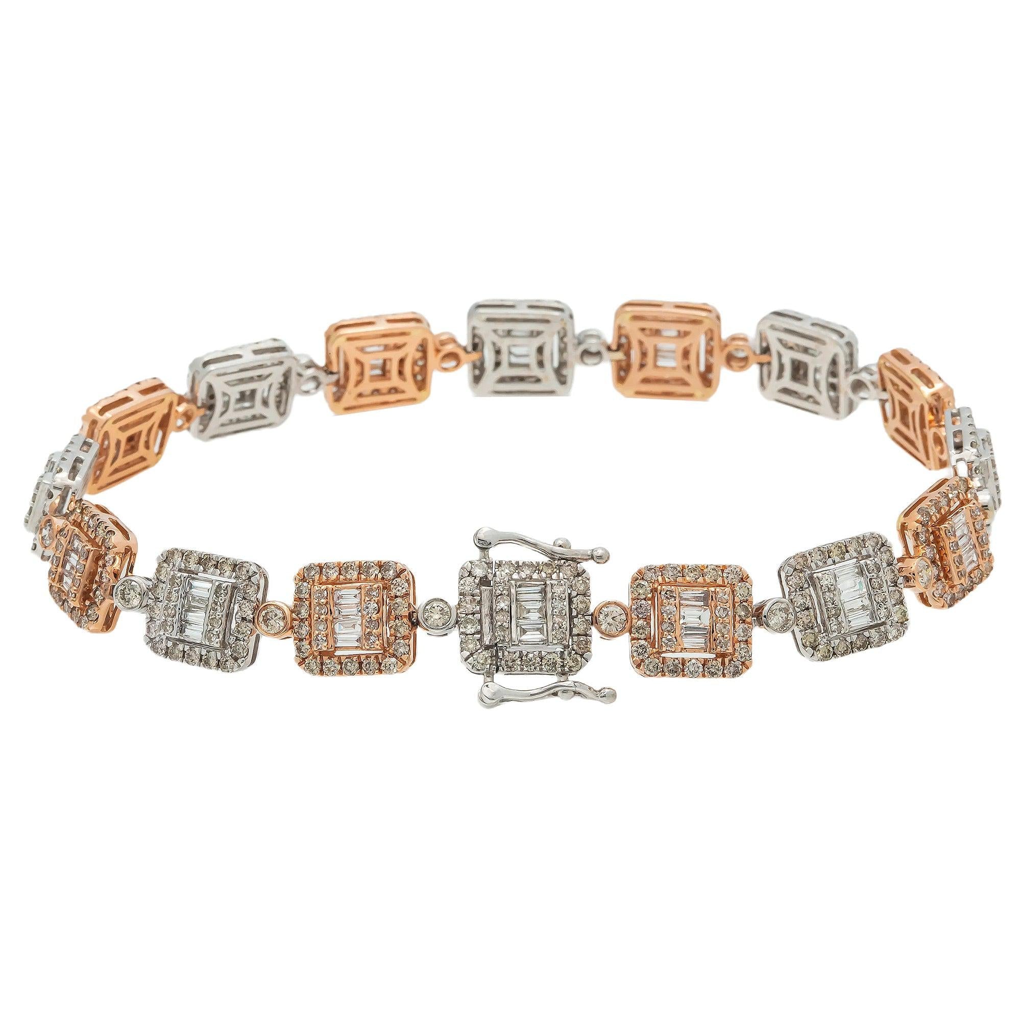 14K GOLD BAGUETTE DIAMONDS SQUARE SHAPE TWO TONE BRACELET 8.64 CT